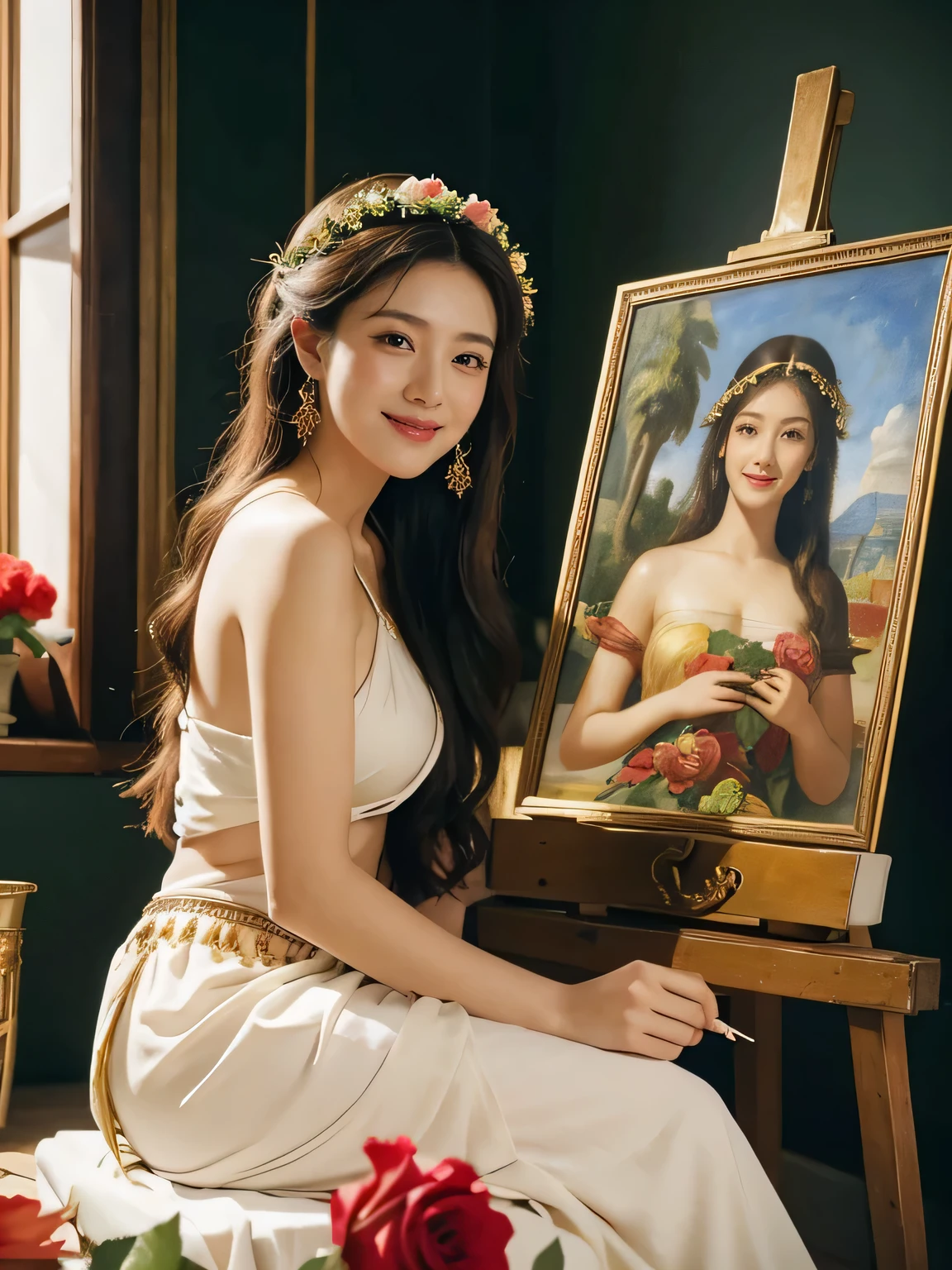 Giorgione painting style,roses in vase、fruits、Cute trinkets、smile、ancient greek costume、Clothes that stretch your shoulders、A big smile、beautiful bare skin,Female painter painting oil in her studio