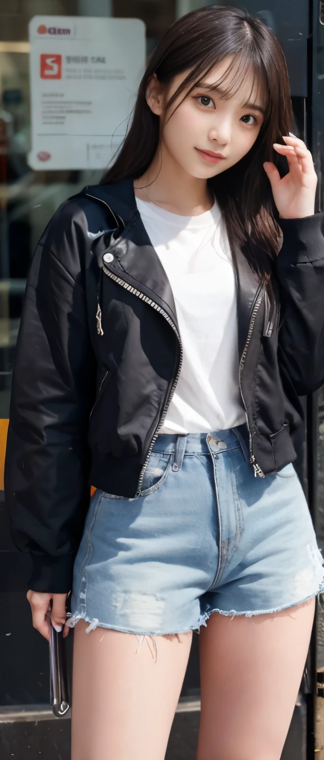 Cool Idol、whole body、good style、、、gray tight shorts、thick legs、long jacket