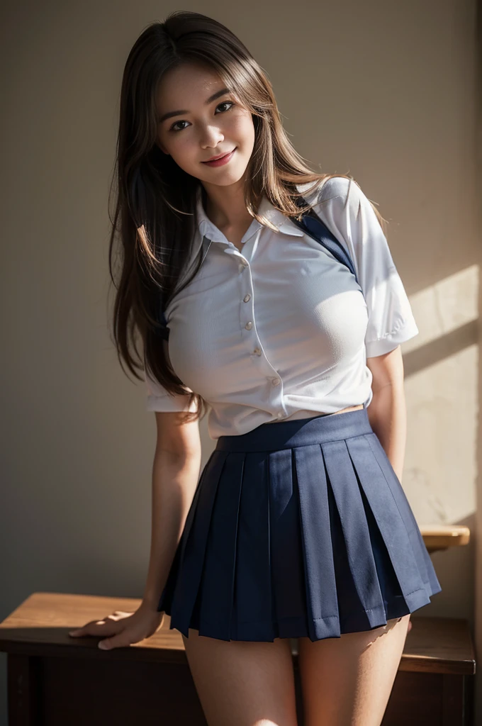 ((japanse beatiful girl:1.3)) ((school uniforms:1.4)) ((panty shot:1.5)) ((high school)),((dark blue skirt:1.3)) ((in the class room:1.3)) ((thin_fabric:1.4)) ((random sexy pose:1.3)) ((sweaty:1.5))((face is flushed:1.4)) ((big breasts:1.4)) ((close-up:1.2)) best quality,masterpiece,ultra high res,(photorealistic:1.4),raw photo,(Authentic skin texture:1.3),(film grain:1.3),panorama,character portrait,very wide shot,narrow waist,cowboy shot,(in the dark, deep shadow, low key, cold light,) night,(()),streaming tears,,dust,Tyndall effect,(expression),1girl,beautiful detailed eyes and face,white jabot,brown eyes,((brown hair:1.2)) ((full body:1.3)) ((smile:1.3))