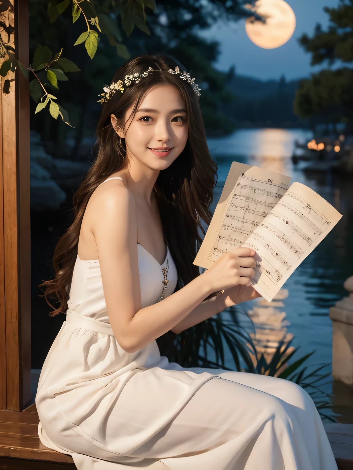 Female singer holding sheet music in both hands,Giorgione painting style,roses in vase、fruits、Cute trinkets、smile、ancient greek costume、Background is a forest lake at night 、Clothes that stretch your shoulders、A big smile、beautiful bare skin,moonlight