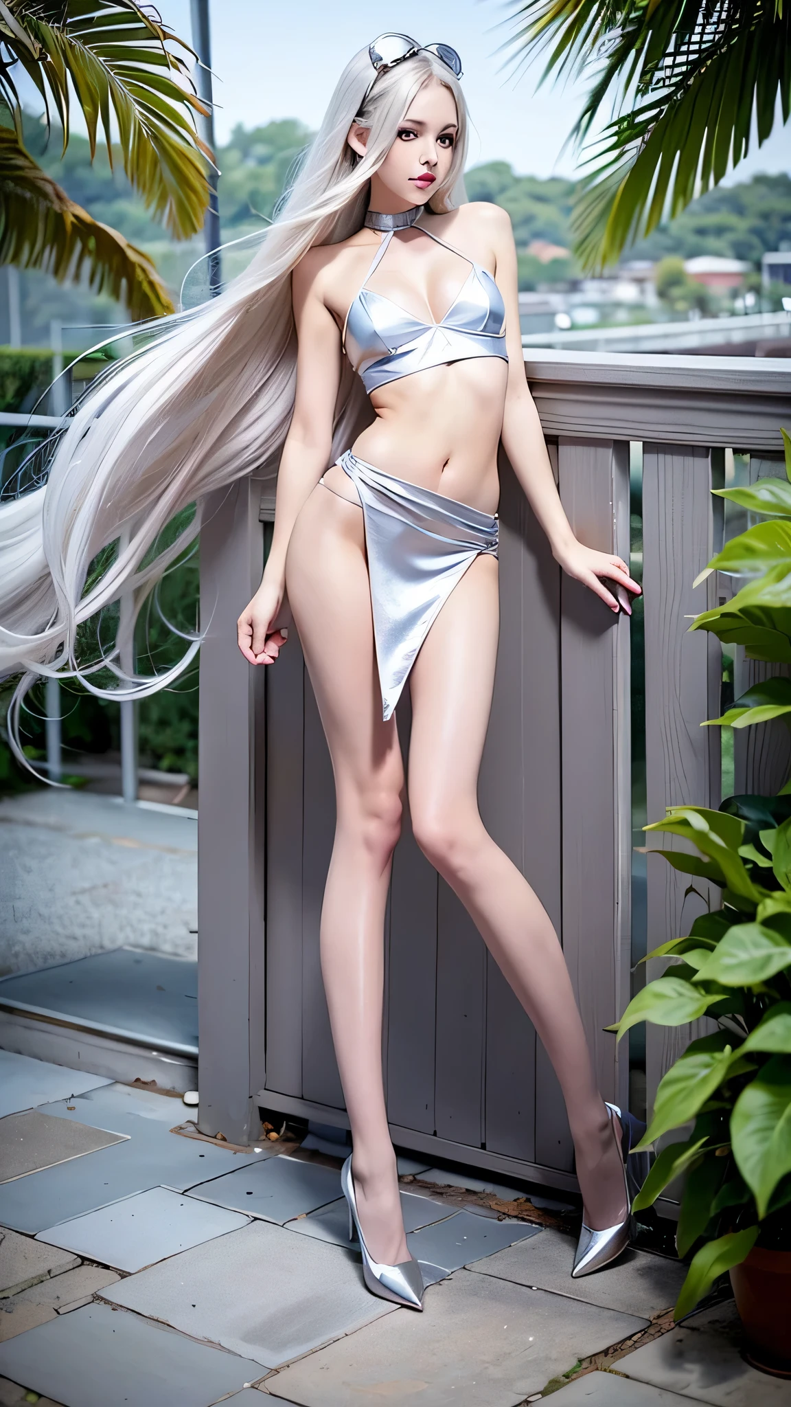 女性1people々,(full body figure:1.2), (nine-headed body:2.0), (thin thighs), (thin and long legs: 2.0), (pumps:1.2), Transparent white glossy skin, 25 years old, cute sexy little handsome face, thin face, pink lips, parted lips, ( Hair parted to one side:1.5), light blue eyes, sexy face, sexy young woman, Long natural blonde shiny hair,Eyebrows are the same color as hair, choker, head band,( silky silver sexy tops:1.3), (silky silver tight skirt :1.3), natural wavy hair, almond eye, (detailed face), Beautiful smile, My cheeks turned red, Medium chest, slender body shape, tight waist, small ass, (people々)The visible part of the thigh between the skirt, beautiful hands, thin shoulders, look at the audience, Skirt blowing in the wind, Standing position, The sea shining in the morning sun, tropical island々, Palm tree