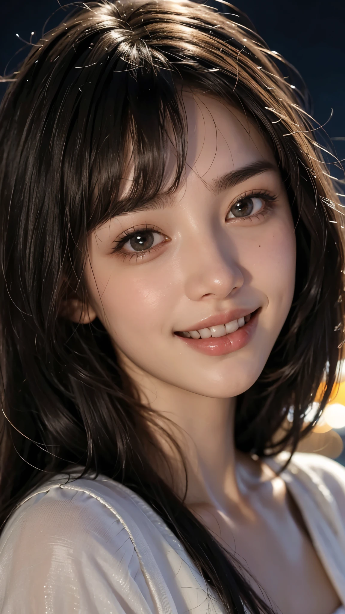 cute 22 year old,1 girl,slim face ,8k,Ultra-realistic European cityscape,night,city lights,one piece skirt, ((face close up:1.5)),((A smile showing white teeth)),((long hair)),((very short bangs)),close, 8k, RAW photo, highest quality, masterpiece,realistic, photo-realistic,