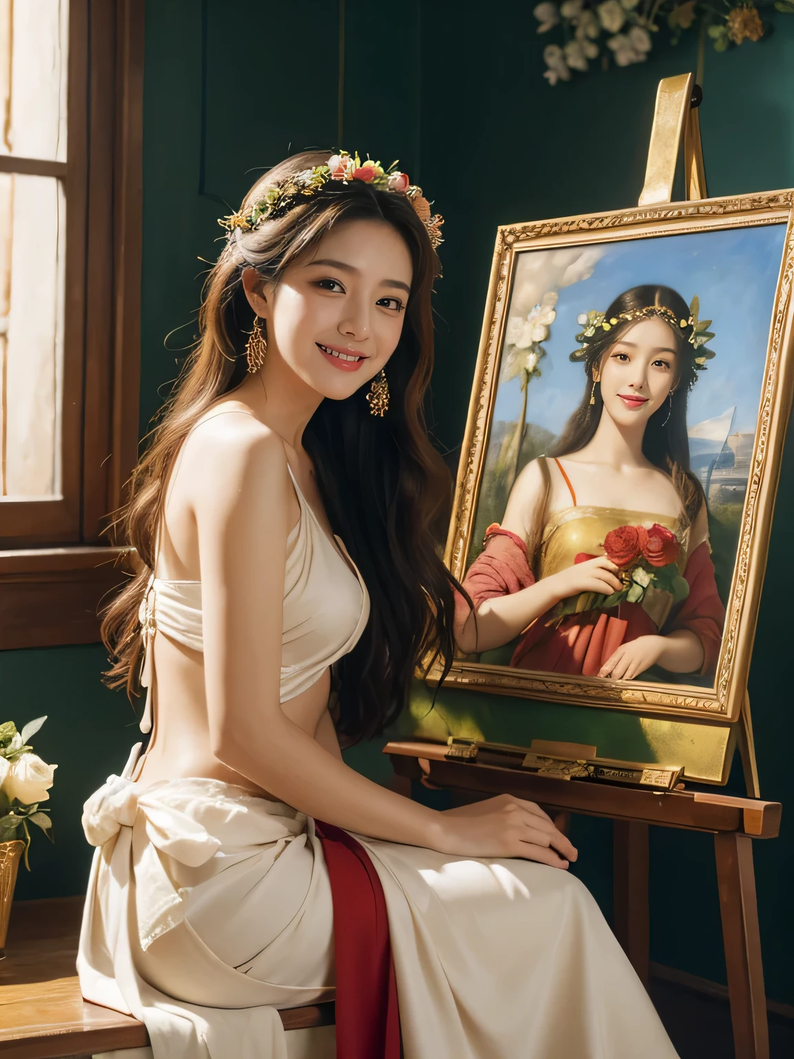 Giorgione painting style,roses in vase、fruits、Cute trinkets、smile、ancient greek costume、Clothes that stretch your shoulders、A big smile、beautiful bare skin,Female painter painting oil in her studio