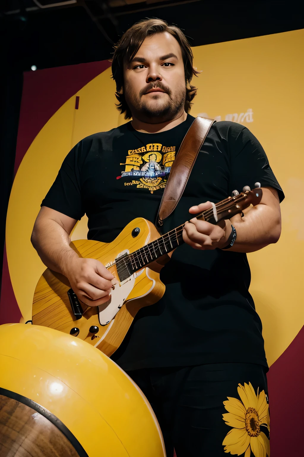 create an illustration in 9 format:16 de Jack Black haciendo un solo con un fondo amarillo y que el dibujo de Jack Black se vea en formato anime full color, definicion 4k y totalmente detallada.