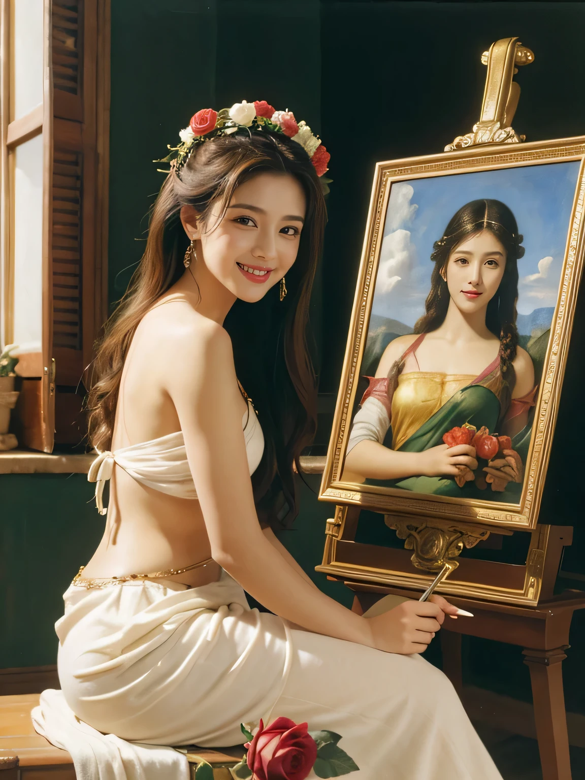 Giorgione painting style,roses in vase、fruits、Cute trinkets、smile、ancient greek costume、Clothes that stretch your shoulders、A big smile、beautiful bare skin,Female painter painting oil in her studio