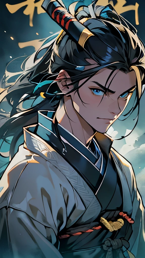 masterpiece, best quality, ((1man)), (soft color), (finely detailed beautiful eyes and detailed face),cinematic lighting,body shot,extremely detailed, sky, cloudy_sky, building, moonlight, moon, night, (dark theme:1.3), light, oriental, ((blue Eyes)) (((samurai clothes))) (((Black Hair with Yellow Highlight))) ((Mischievous)) ((1 man)),