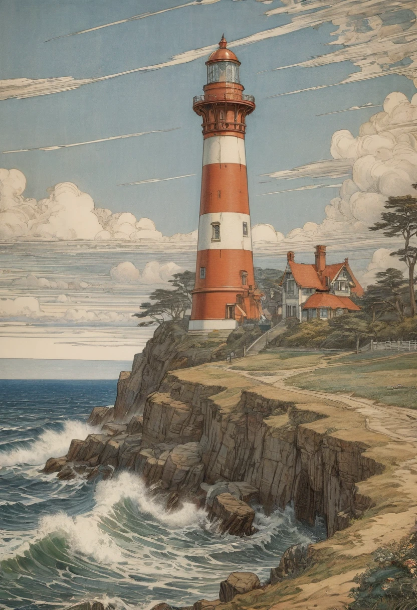 Lighthouse, by Walter Crane, best quality, masterpiece, 8k, Representative work, official art, Professional, Ultra intricate detailed