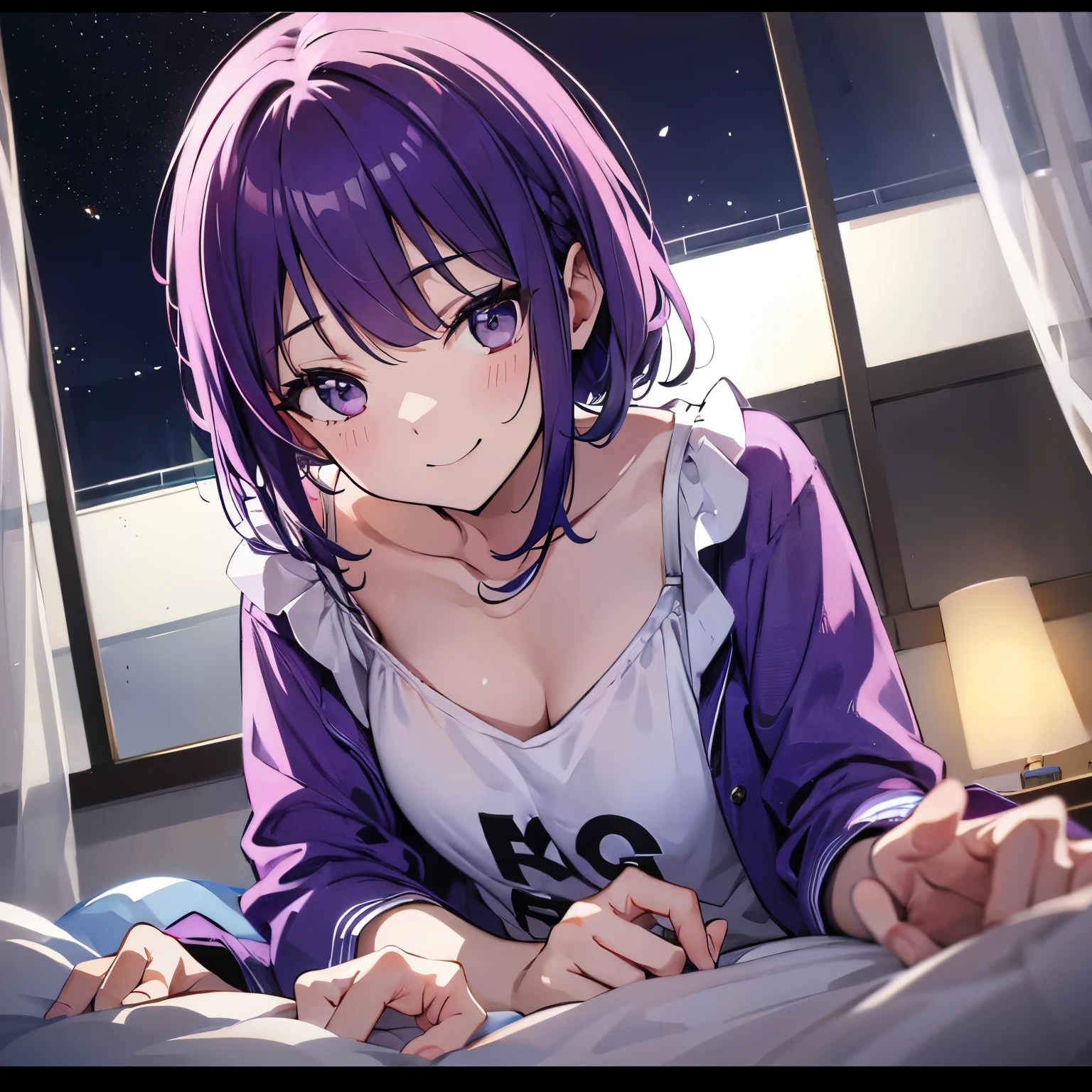 (T Masterpiece,4k wallpaper,best quality))、((girl1people))、(solo)、Shining and vivid,(purple hair)、(shortcut:1.3)、smile、Bedroom、pajamas、night