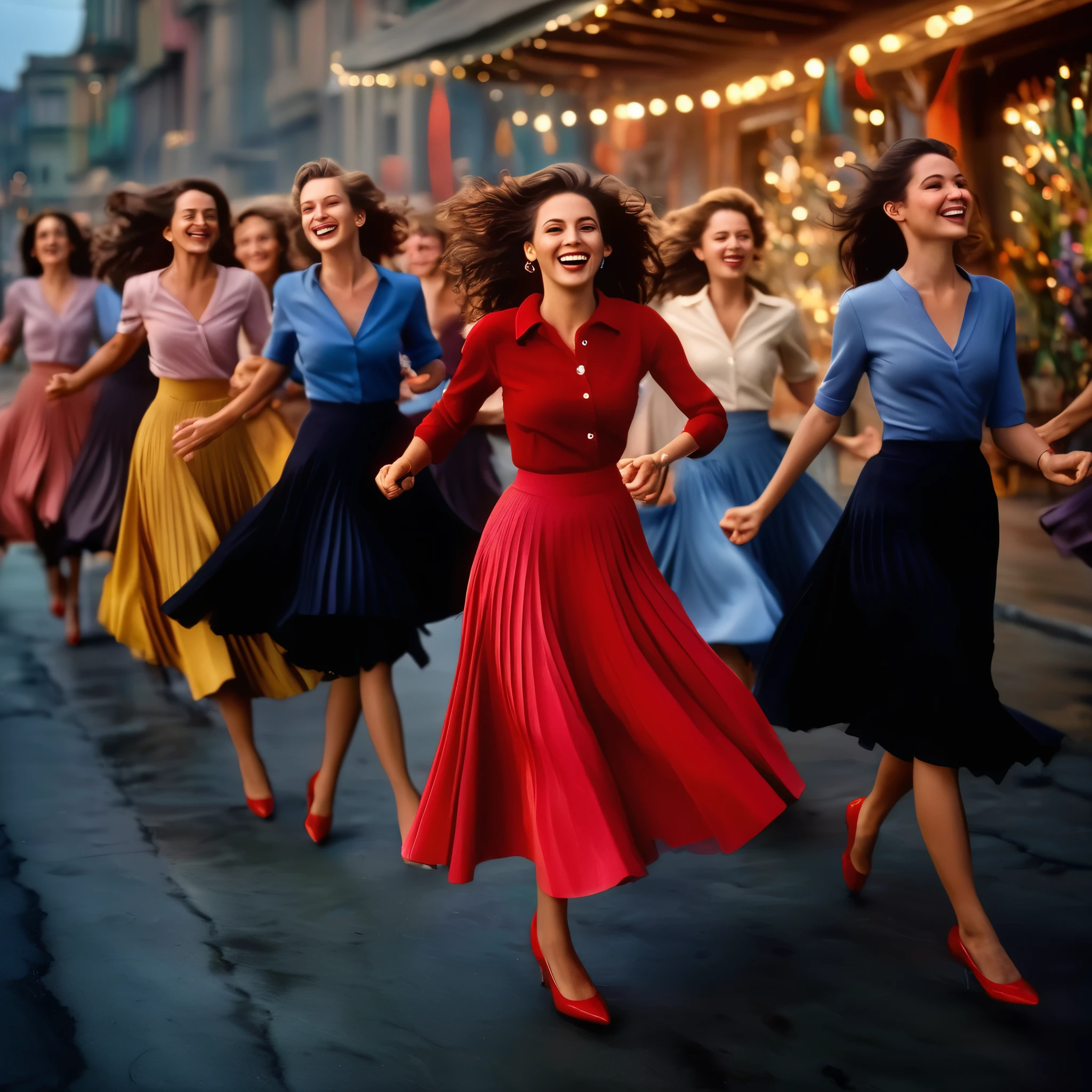 group photo of smiling, authentic, (shy:1,3), kind, beautiful women, passionately in love with their skirts, dancing sensually while wind lifts their skirts all around, wearing short blazers and very detailed (very long (fully pleated) full circle skirts) and (low heeled court shoes), very intricate hyper-detailed symmetric (attractive graceful young feminine faces) with (sad, tired eyes and loving smiles), large breasts, full of empathy and compassion and love, (pronounced (feminine) features), (highly detailed ultra accurate realistic) hands and fingers, (windy), epic composition, highly detailed attributes, (85MM F/1.4 lens photograph), extremely high quality RAW photograph, highly detailed atmosphere, sci-fi, cinematic shot, dynamic lighting, 75mm, Technicolor, Panavision, cinemascope, sharp focus, fine details, 8k, HDR, realism, realistic, space background, key visual, sci-fi film still, superb cinematic color grading, depth of field 