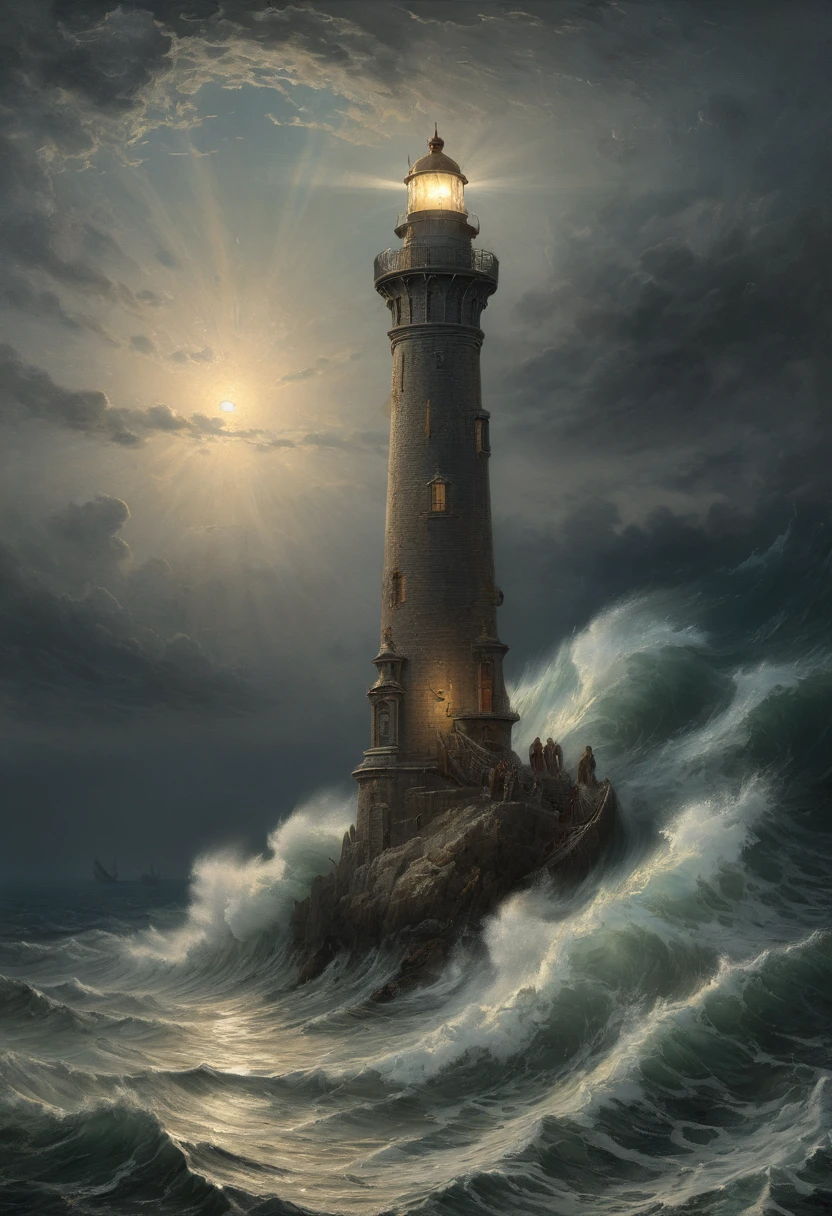 Lighthouse, by Gustave Doré, best quality, masterpiece, 8k, Representative work, official art, Professional, Ultra intricate detailed