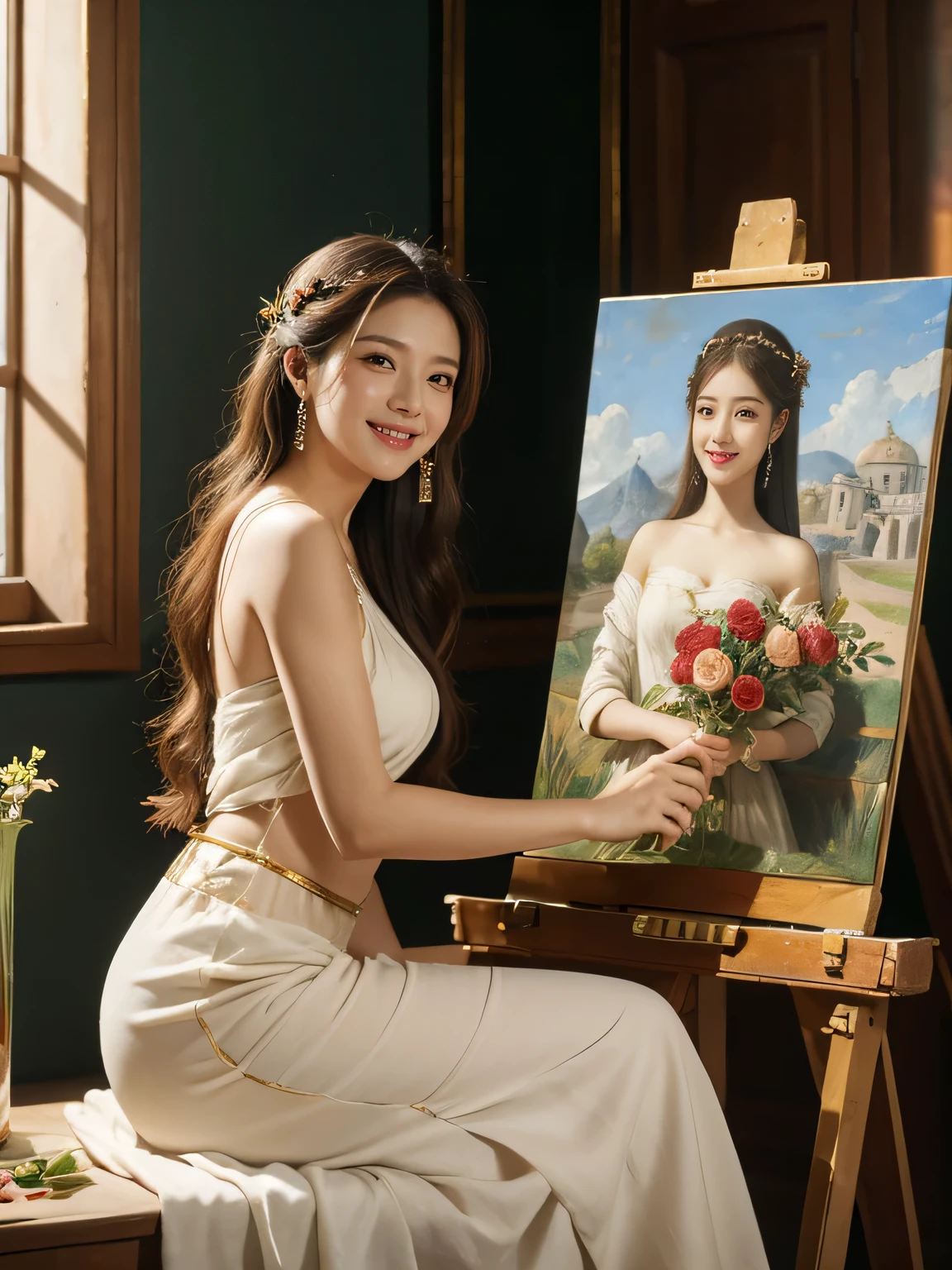 Giorgione painting style,roses in vase、fruits、Cute trinkets、smile、ancient greek costume、Clothes that stretch your shoulders、A big smile、beautiful bare skin,Female painter painting oil in her studio