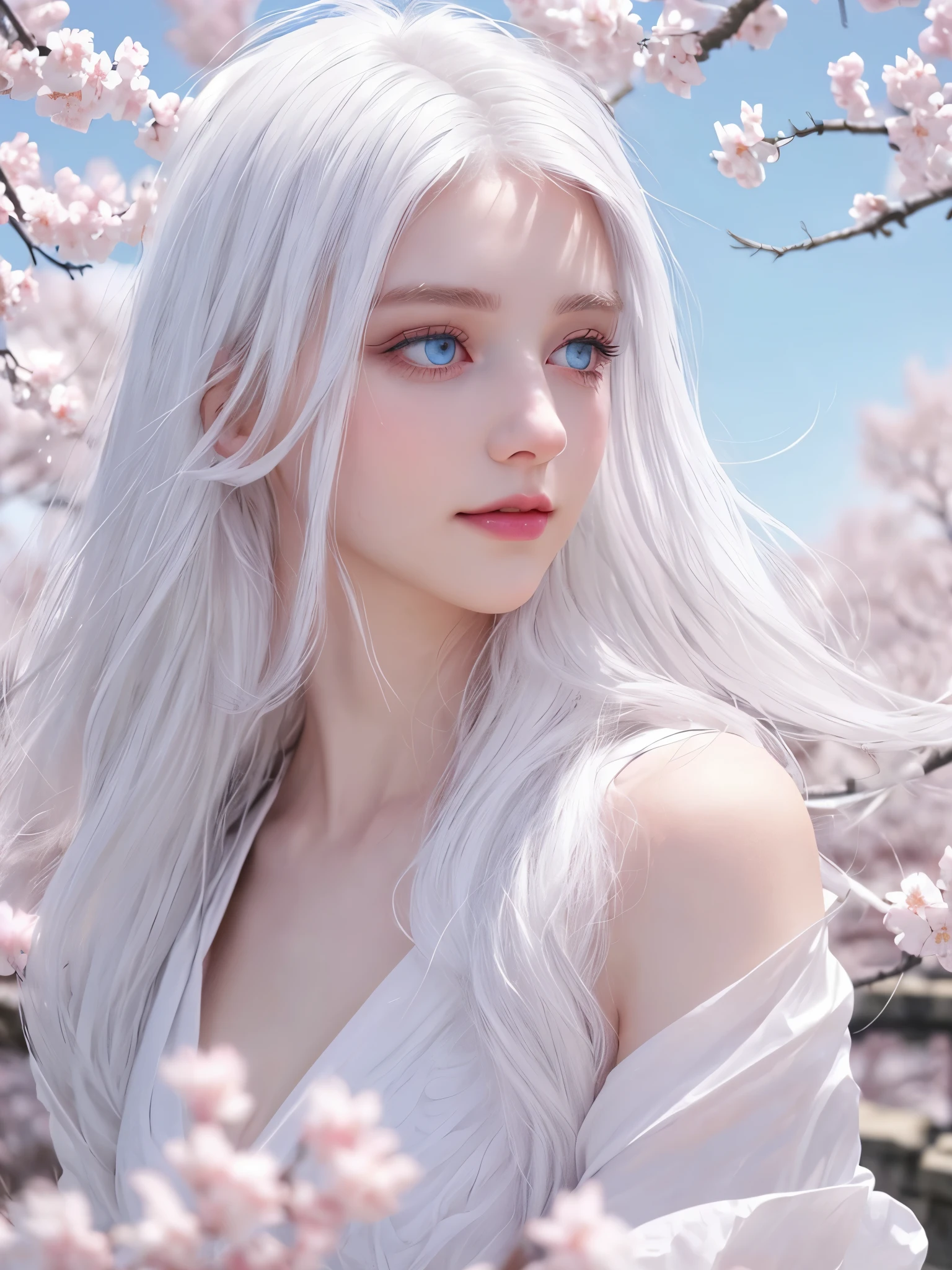 With white hair and pink eyes,Transcendent Beautiful Girl,It's like a fantastic existence,Its white hair swayed in the wind、Blue eyes shine like a clear sky,Her skin is pure white、Detailed features beautifully color your facial features.Her beauty is、Looks great against any background、Its presence will fascinate everyone.cherry blossom trees and sky background,smile,kindness,Angle from the side