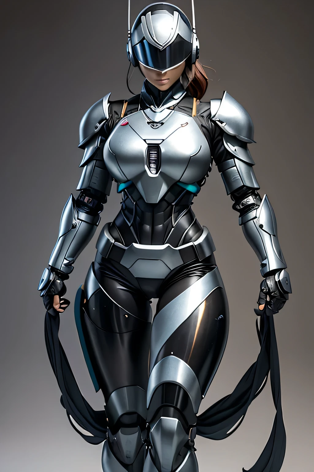 female robocop solo、Armor that completely covers the entire body、very large armor、helmet covering eyes、rainbow armor、Armor that completely covers the chest、Slender and long legs、vibrant poselle body view