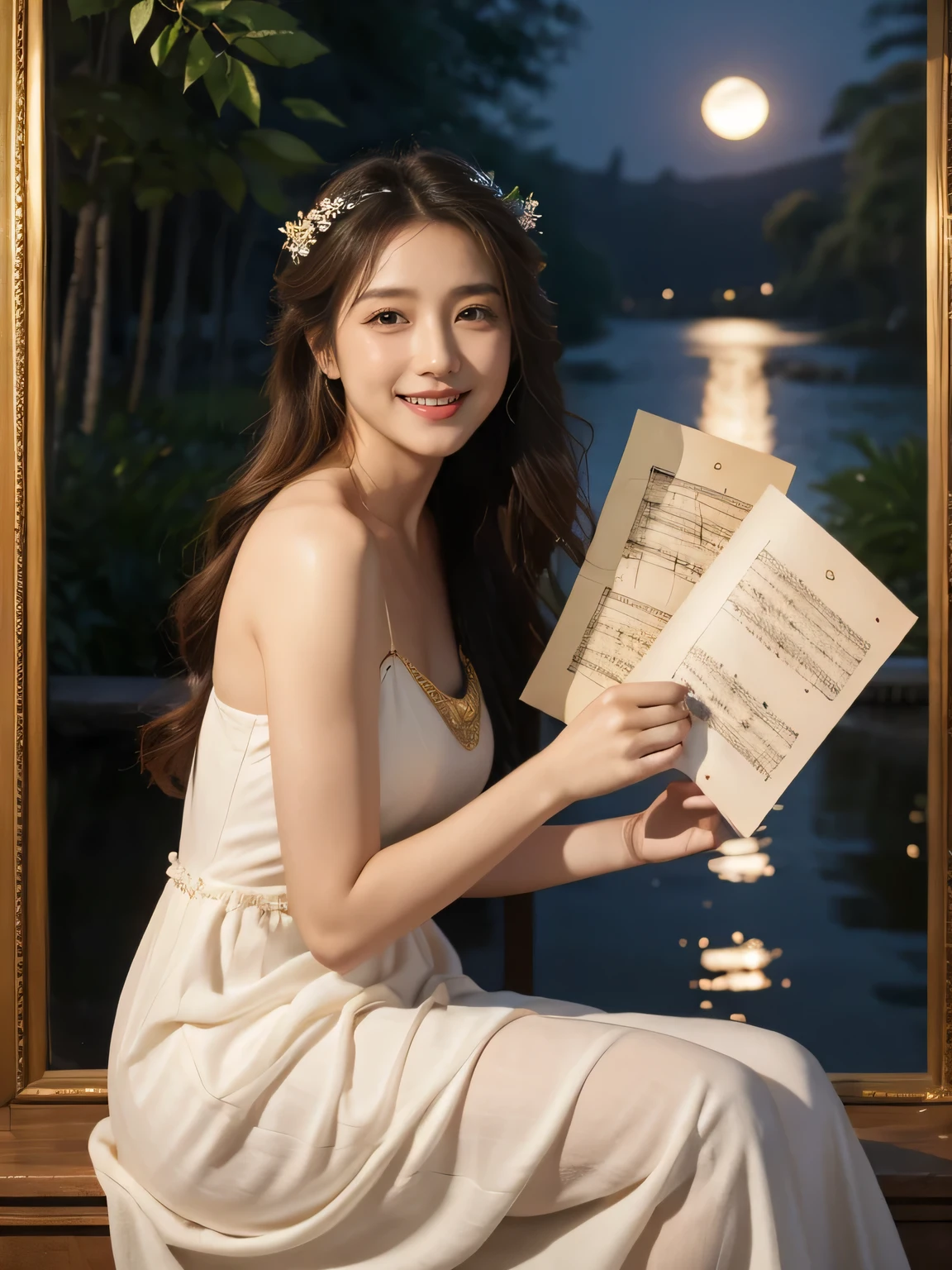 Female singer holding sheet music in both hands,Giorgione painting style,roses in vase、fruits、Cute trinkets、smile、ancient greek costume、Background is a forest lake at night 、Clothes that stretch your shoulders、A big smile、beautiful bare skin,moonlight
