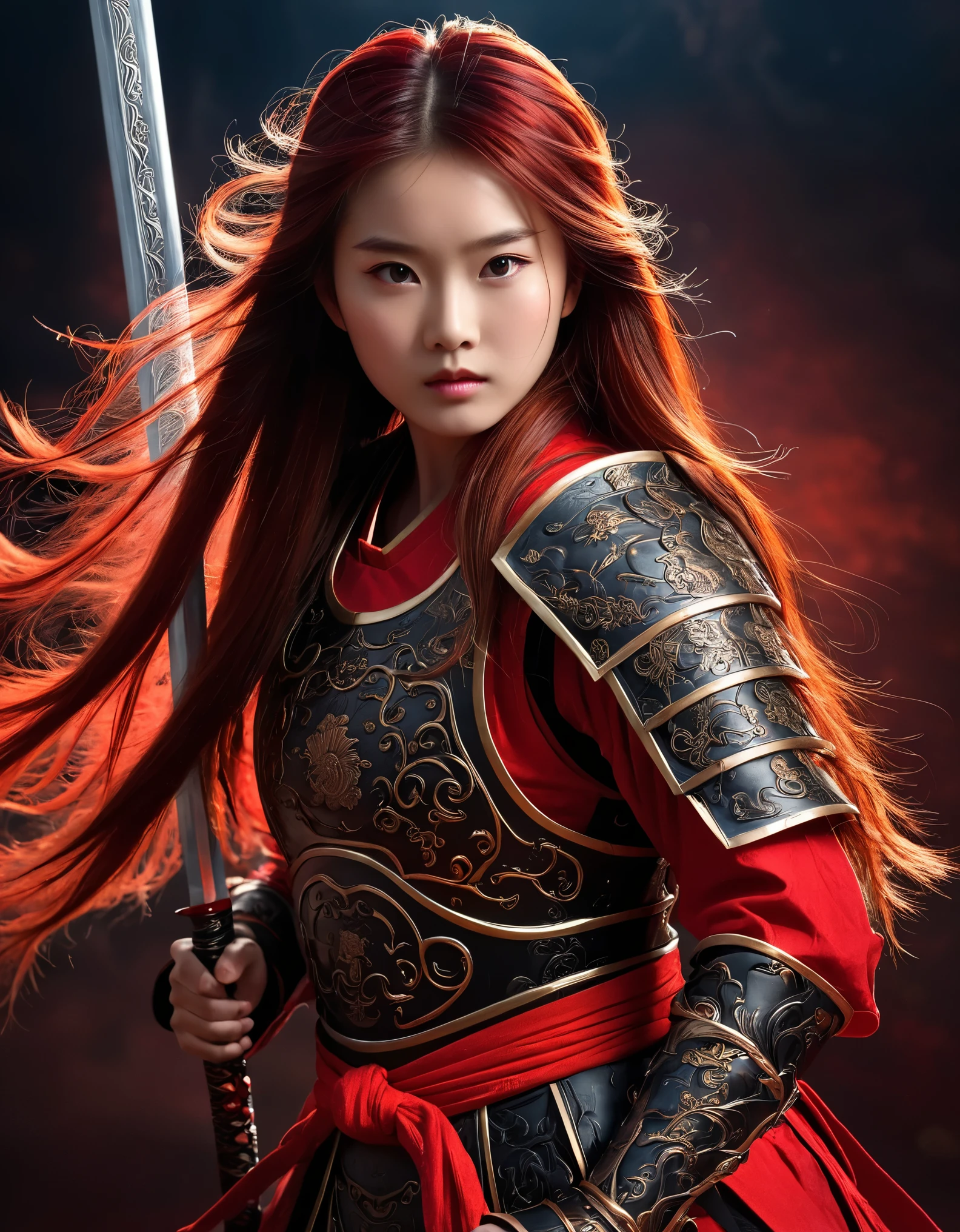 Ancient Chinese style, red armor, long haired , girl's chick long hair, wielding sword, beautiful facial features, bright background, cinematic lighting. Ancient Chinese style, red armor, long haired woman, wielding sword, beautiful facial features, black background, cinematic lighting, full body - v 5.1