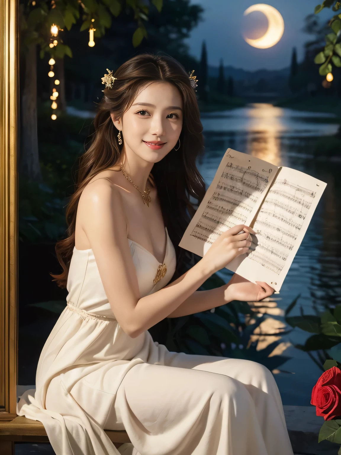Female singer holding sheet music in both hands,Giorgione painting style,roses in vase、fruits、Cute trinkets、smile、ancient greek costume、Background is a forest lake at night 、Clothes that stretch your shoulders、A big smile、beautiful bare skin,moonlight