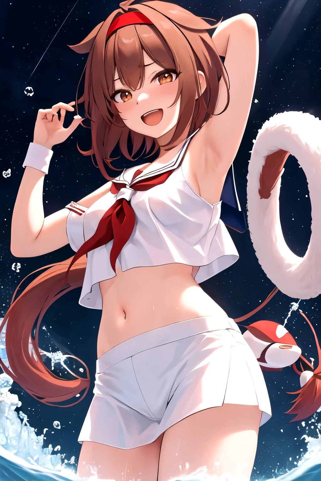 highest quality, masterpiece, High resolution, alone, {White hot water_Fleet Collection:1.15}, Brown_hair, Brown_eye, hairband, red_hairband, smile, hair_flap, length_hair, red面, serafuku, Open_mouth, short_hair, hair_between_eye, chest