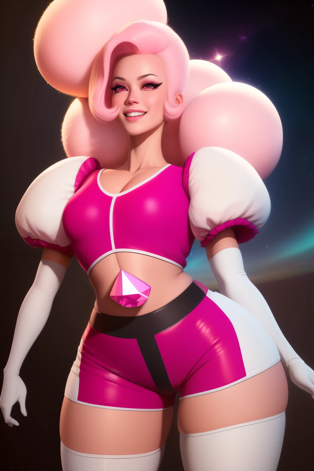 pnkdamond, pink hair, pink eyes,  big hair,  stomach gem,  pink skin,  toned, 
puffy short sleeves, elbow gloves ,  white thighhighs,   puffy dress, 
standing, upper body, 
 outerspace,  
(insanely detailed, beautiful detailed face,beautiful detailed eyes, masterpiece, best quality) cinematic lighting,  smile, 
 