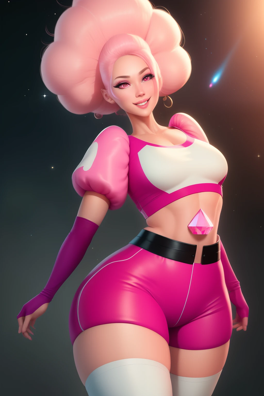 pnkdamond, pink hair, pink eyes, big hair, stomach gem, pink skin, toned,
puffy short sleeves, elbow gloves , white thighhighs, puffy dress,
standing, upper body,
outerspace,
(insanely detailed, beautiful detailed face,beautiful detailed eyes, masterpiece, best quality) cinematic lighting, smile,