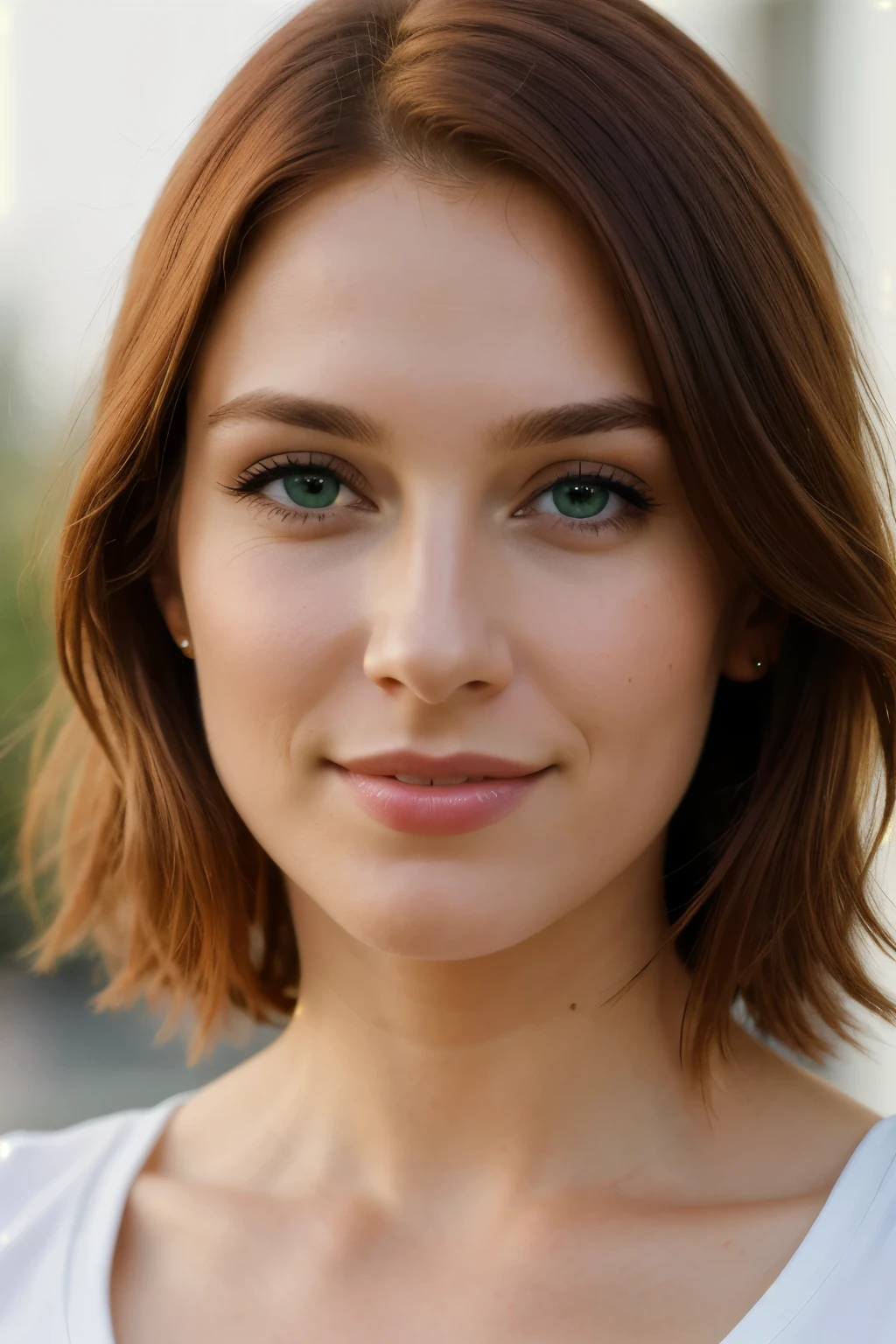 Highly detailed CG Unity 8k wallpaper, Best quality, super detailed, realist, beautiful, woman, 30 years old, profile, full-face, close-up face, red hair, green eyes, smile, high resolution:1.3, in T-shirt, realistic eyes, beautiful hairstyle, realistic eyes, beautiful detailed eyes, (realistic skin), beautiful skin, attractive, ultra high res, ultra realistic, highly detailed, golden ratio 