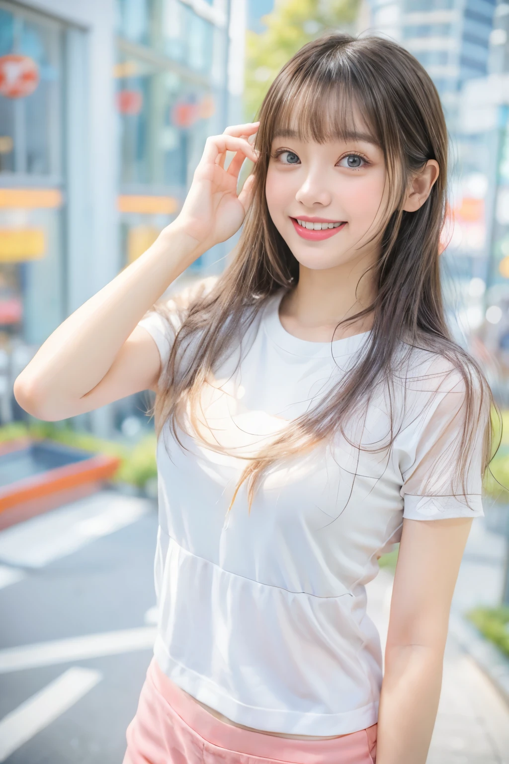 masterpiece、highest quality、cinema、(Details of both eyes)、(cute japanese woman、bangs:1.3)、23 years old、1 girl、elegant、black hair、(auraroid photo:1.2)、Shopping mall、(smile:1.9)