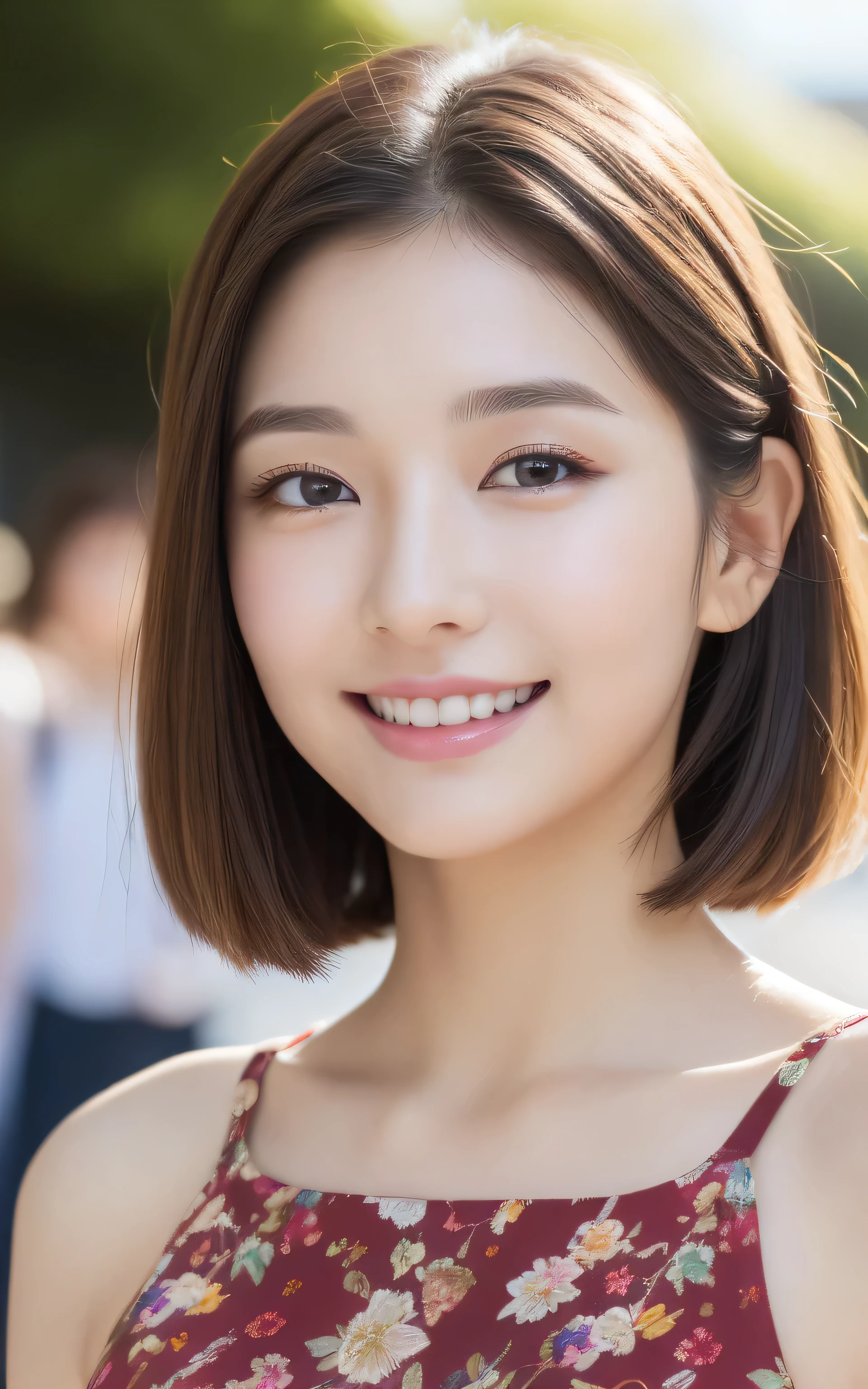 ((top quality、8k、Masterpiece:1.3、ultra high resolution))、(clear focus:1.4)、rest、a japanese lady、young、1 person、upper part of body、from directly above、light skin tone、((Dark brown hair))、short hair、(Red and floral dress:1.2、cute dress、fine fabric)、Super face slimming、exquisite eyes、narrow eyes、double eyelids、cheeks flushed、delicate skin、Sweat、skin shiny、glowing skin、shadow skin、cosmetic、rosy lips、a smile、big breasts、looking at camera、rest、(Detailed background、university campus:1.5)、daytime、natural lighting