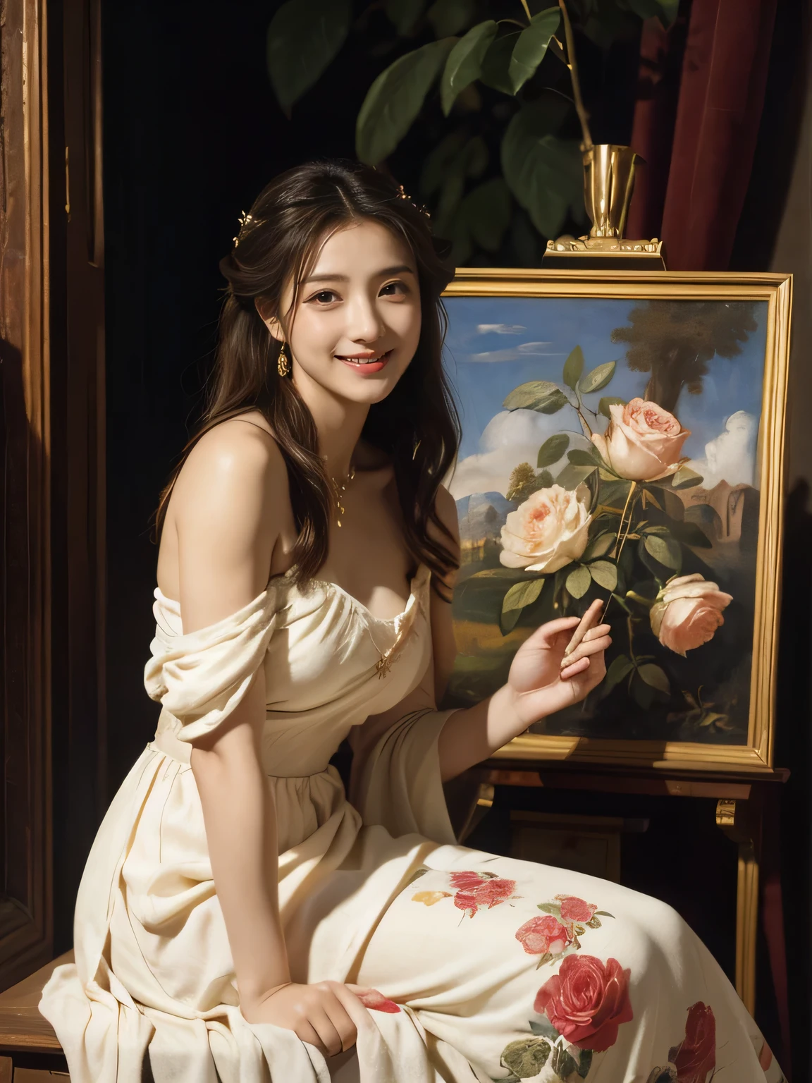 Giorgione painting style,Arguments of two female P、roses in vase、fruits、Cute trinkets、smile、ancient greek costume、Clothes that stretch your shoulders、A big smile、beautiful bare skin,Female painter painting oil in her studio