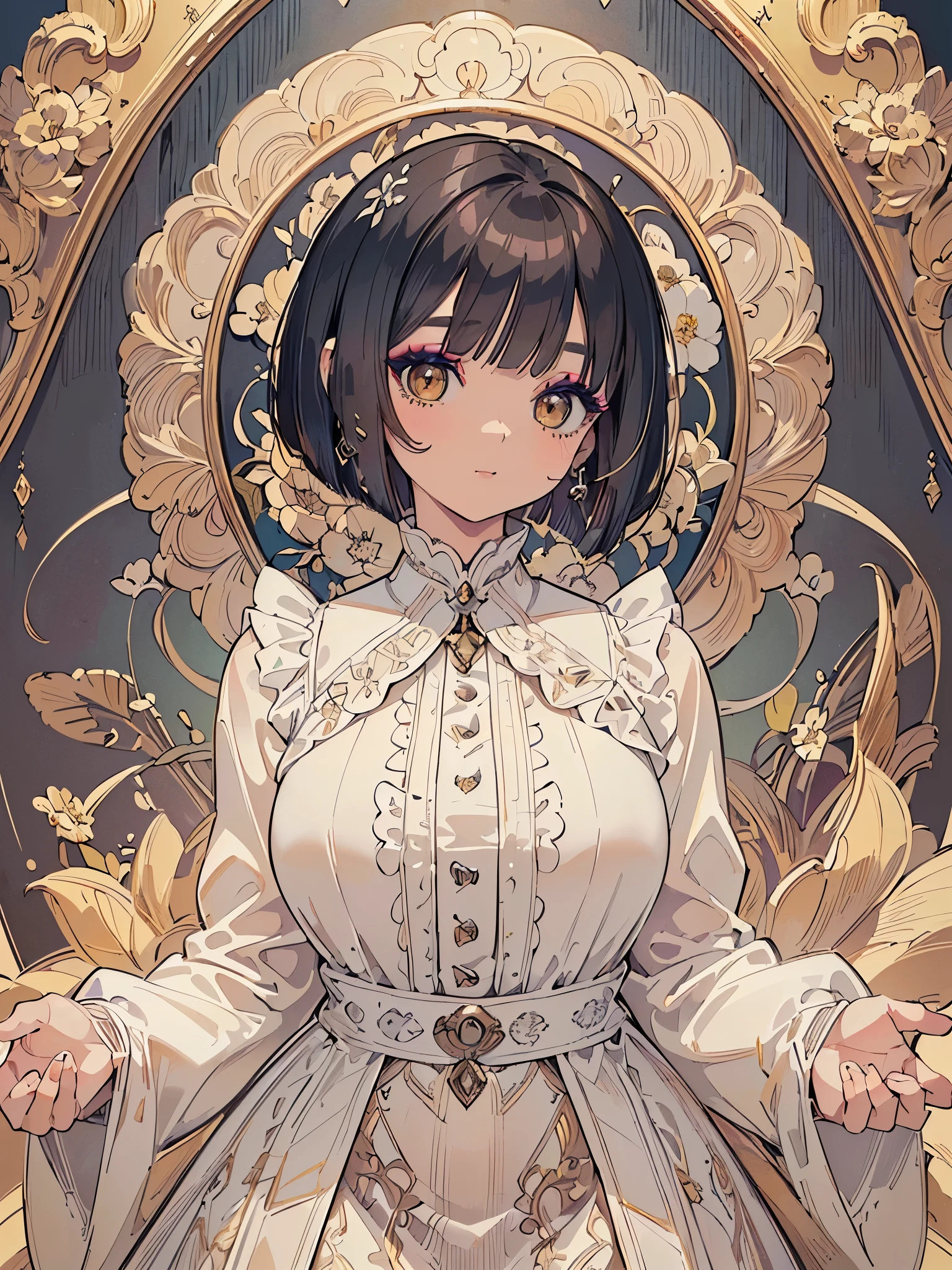 ((highest quality)),(ultra high resolution),(Super detailed),(detailed description),((best CG)),(best work of art),super precision art,amazing drawing art,(Art with precise details:1.5), (woman:1.6),(beautiful and well-shaped face:1.7),(A detailed blouse:1.5),cardigan:1.6,(short bob:1.6),(natural makeup:1.6),earrings:1.3,happiness,soft,peace, breeze