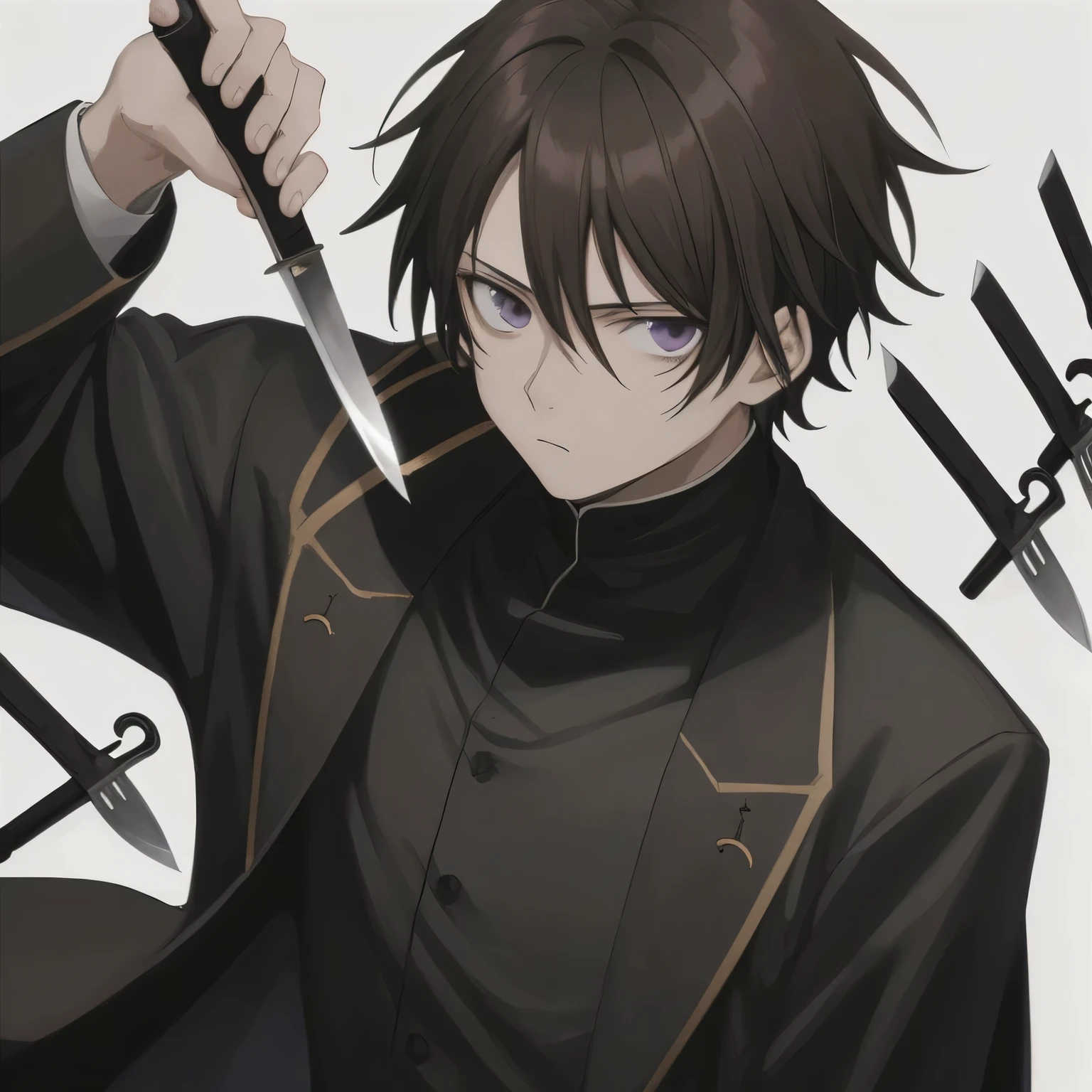 1man, anime, brown_parted_hair, black_eyes, cassock, knives, white_background, looking_at_viewer