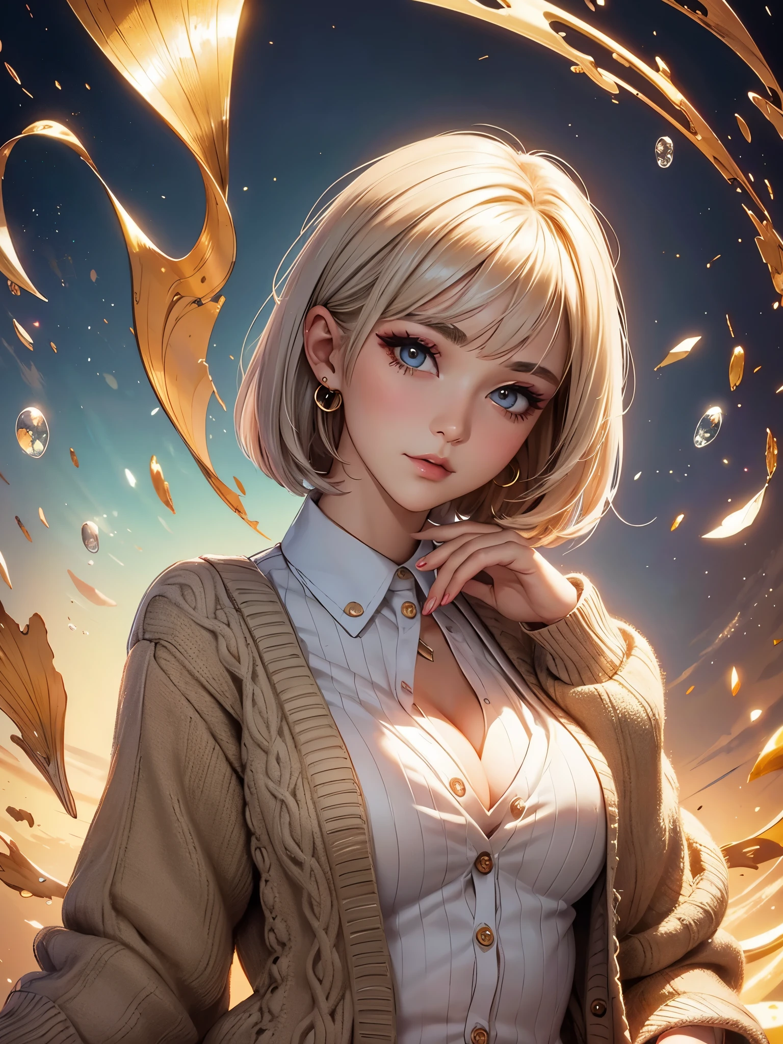 ((highest quality)),(ultra high resolution),(Super detailed),(detailed description),((best CG)),(best work of art),super precision art,amazing drawing art,(Art with precise details:1.5), (woman:1.6),(beautiful and well-shaped face:1.7),(A detailed blouse:1.5),(cardigan:1.6),,(short bob:1.6),(natural makeup:1.6),earrings:1.3,happiness,soft,peace, breeze