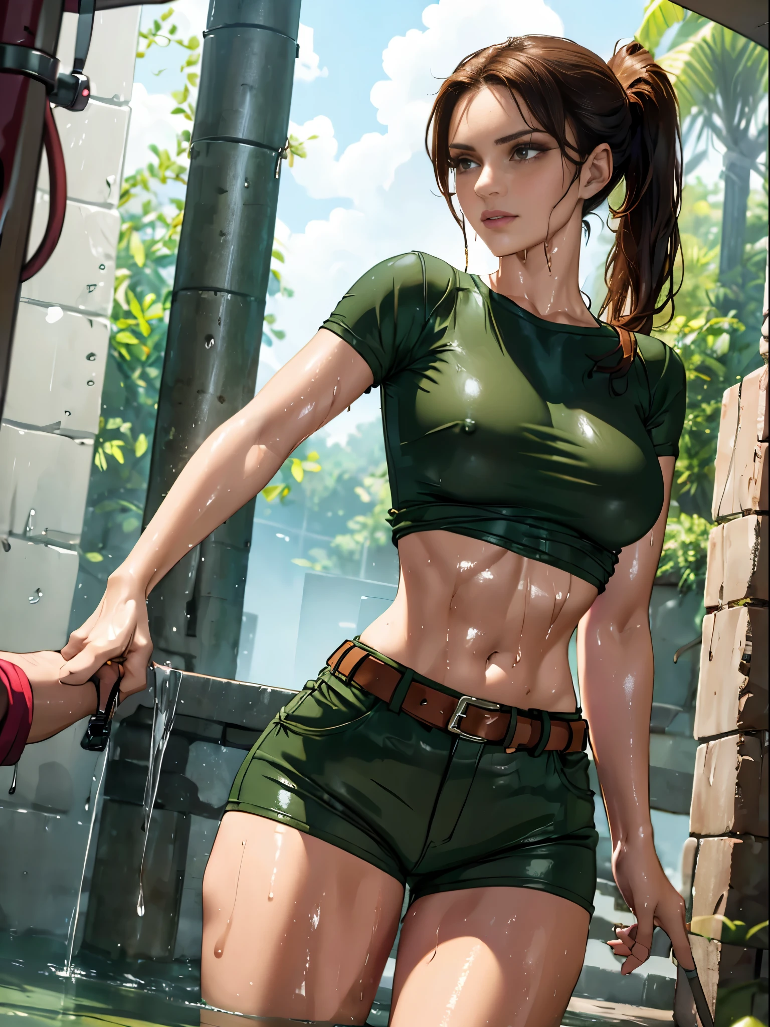 Lara Croft, gorgeous woman in wet shorts, wet clothes, dripping,, drenched, soaked, wet hair, sopping wet, soaked in oil, white t-shirt, midriff, tight clothes, brown hair, pony tail, belt, military green shorts, jungle