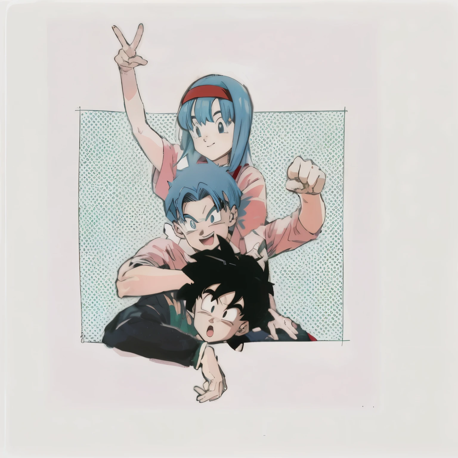 three anime characters are giving a peace sign in this illustration scene from dragon ball, 1girl, multiple boys, 2boys, blue hair, blue eyes, black hair, v, hairband, smile, red hairband,brabulladbgt,son gohan, black hair, spiked hair, black eyes