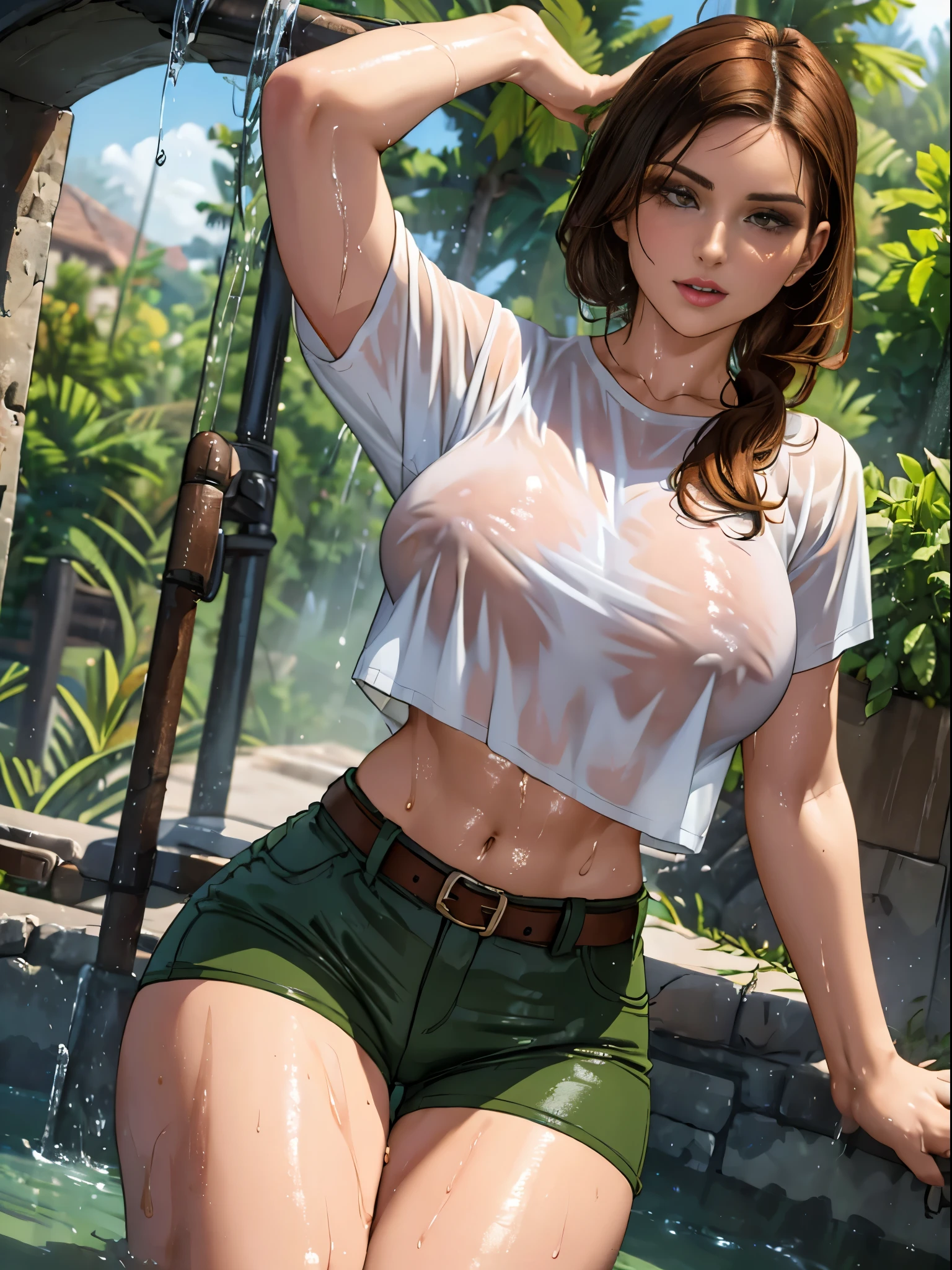 Lara Croft, gorgeous woman in wet shorts, wet clothes, dripping,, drenched, soaked, wet hair, sopping wet, soaked in oil, white t-shirt, midriff, tight clothes, brown hair, pony tail, belt, military green shorts, jungle