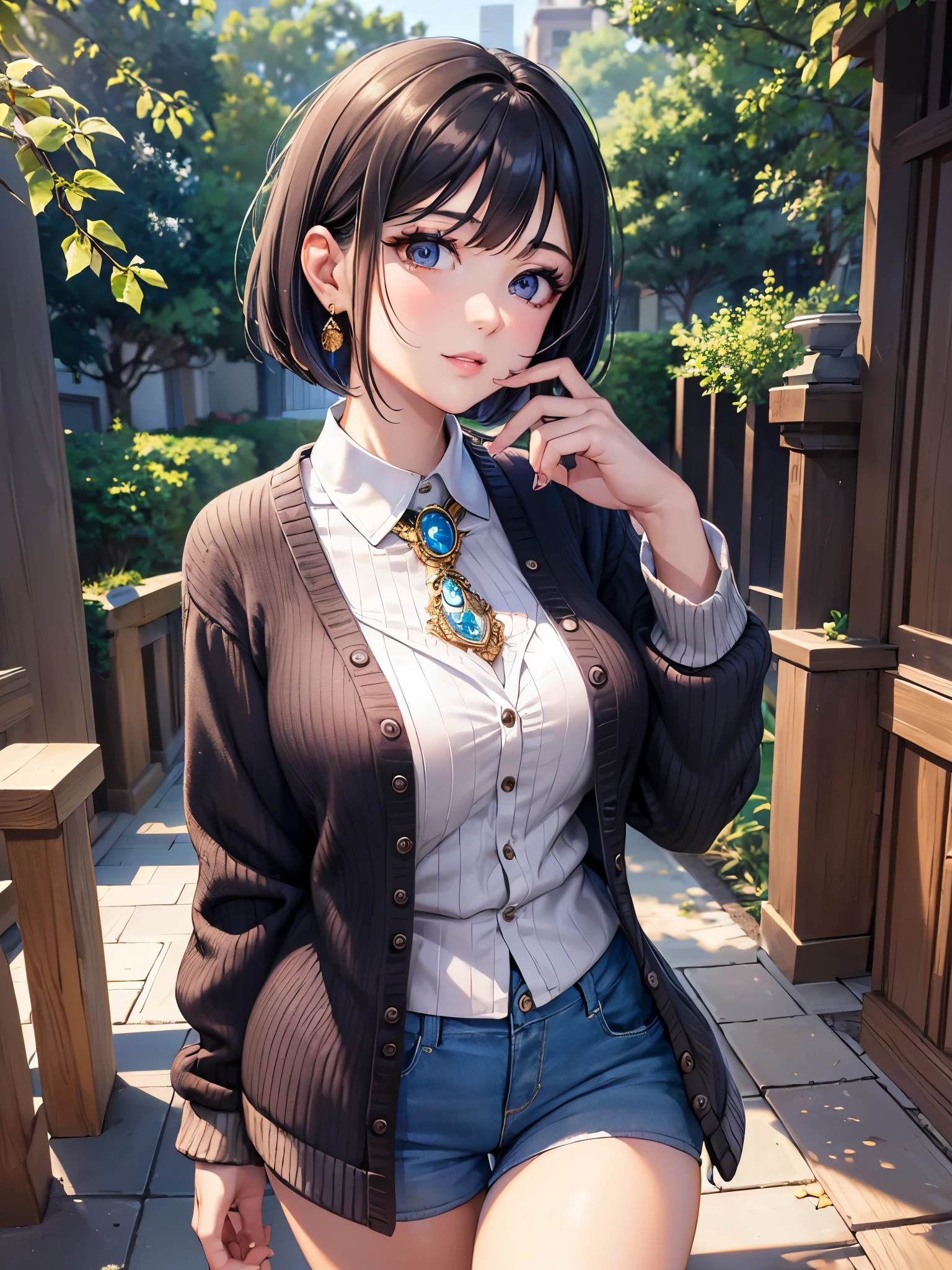 ((highest quality)),(ultra high resolution),(Super detailed),(detailed description),((best CG)),(best work of art),super precision art,amazing drawing art,(Art with precise details:1.5), (woman:1.6),(beautiful and well-shaped face:1.7),(A detailed blouse:1.5),(cardigan:1.6),,(short bob:1.6),(natural makeup:1.6),earrings:1.3,happiness,soft,peace, breeze