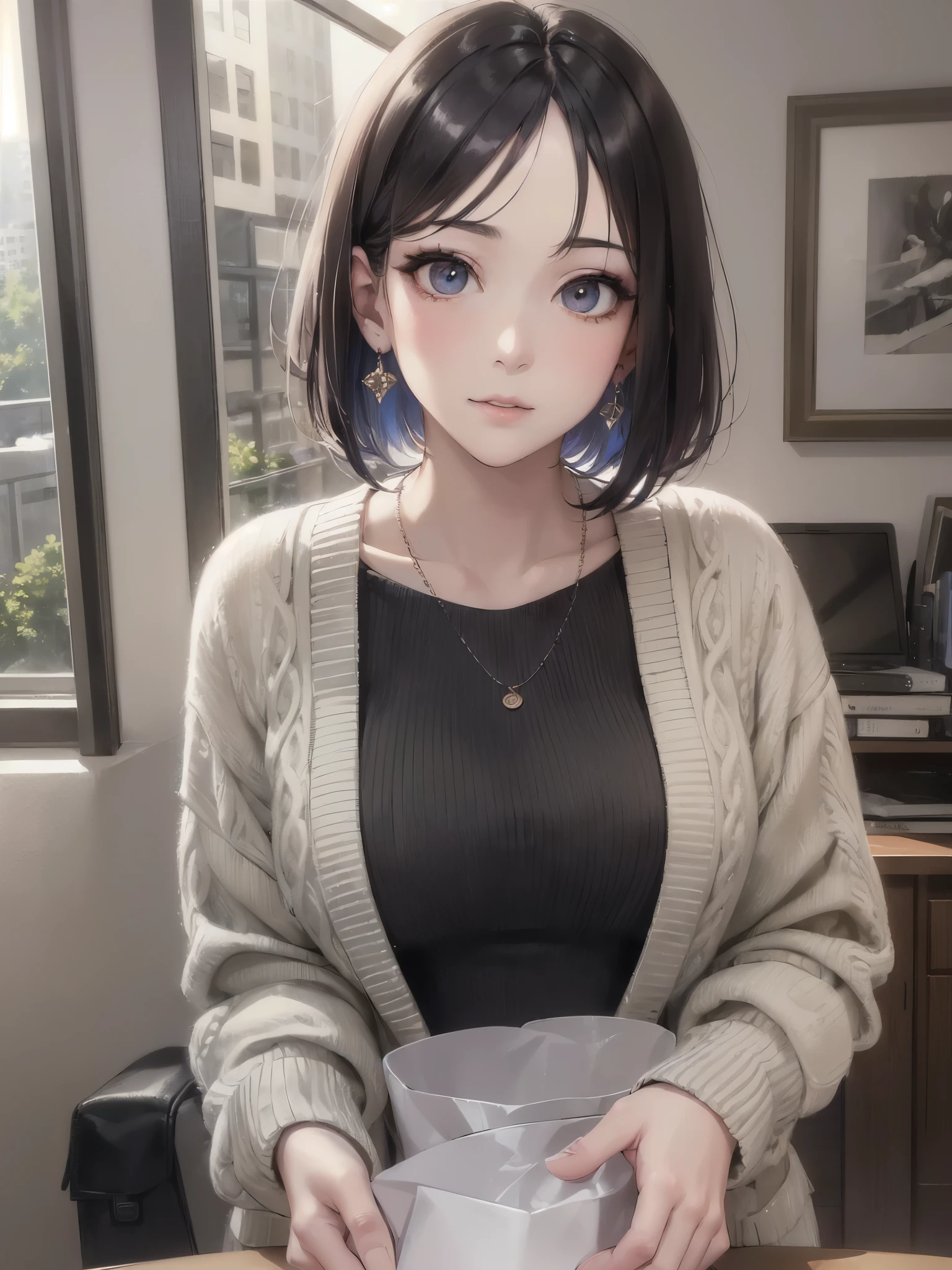 ((highest quality)),(ultra high resolution),(Super detailed),(detailed description),((best CG)),(best work of art),super precision art,amazing drawing art,(Art with precise details:1.5), (woman:1.6),(beautiful and well-shaped face:1.7),(A detailed blouse:1.5),(cardigan:1.6),,(short bob:1.6),(natural makeup:1.6),earrings:1.3,happiness,soft,peace, breeze