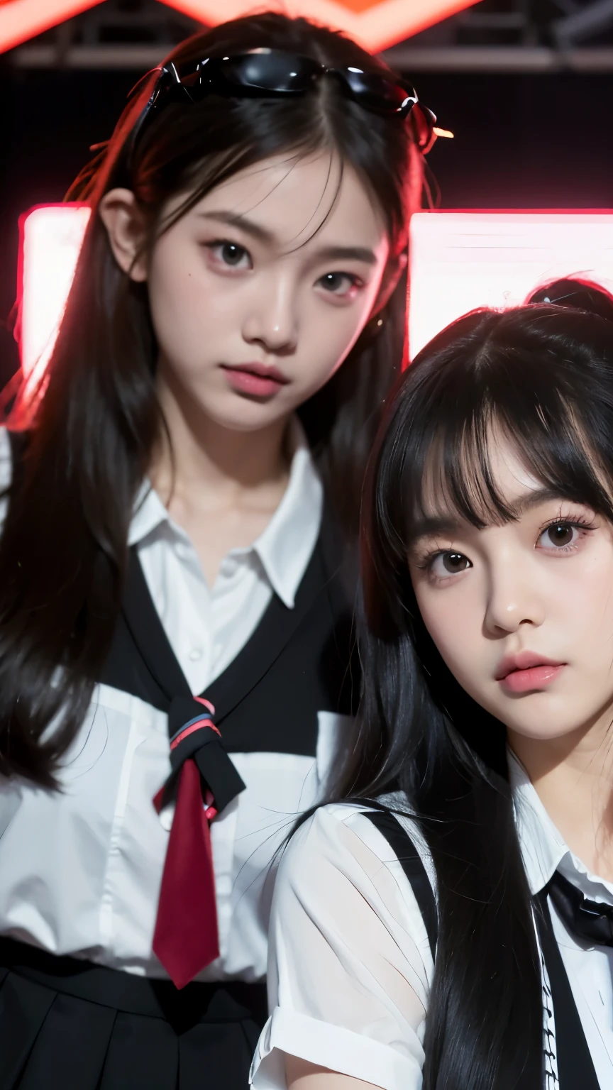 Close-up of two girls in school uniforms on stage, Blackpink’s Larissa Manoban, Larissa Manobar, trending on CGstation, trending at CGstation, Moscow, DLC, bbw sauce, trending on bbw sauce, CGCOSIETY, twice, CGstation, yanjun chengt, Kotev,reveal more background