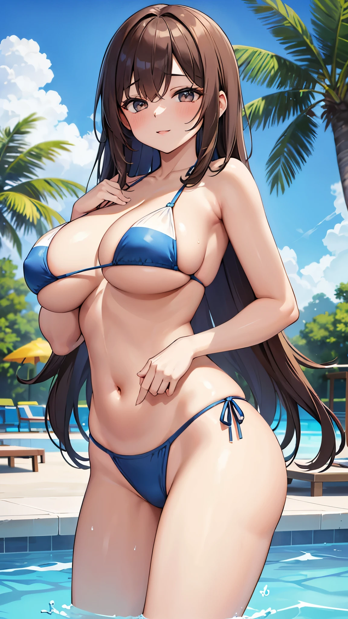 a very beautiful woman wearing sexy bikini on patios next to pool, 1girl, solo, swimsuit, bikini, breasts, large breasts, brown hair, navel, jewelry, tree, outdoors, Beautiful breasts, unparalleled beauty, beautiful big breasts, outstanding style, beautiful big breasts, erotic body, Underboob, beautiful underboob