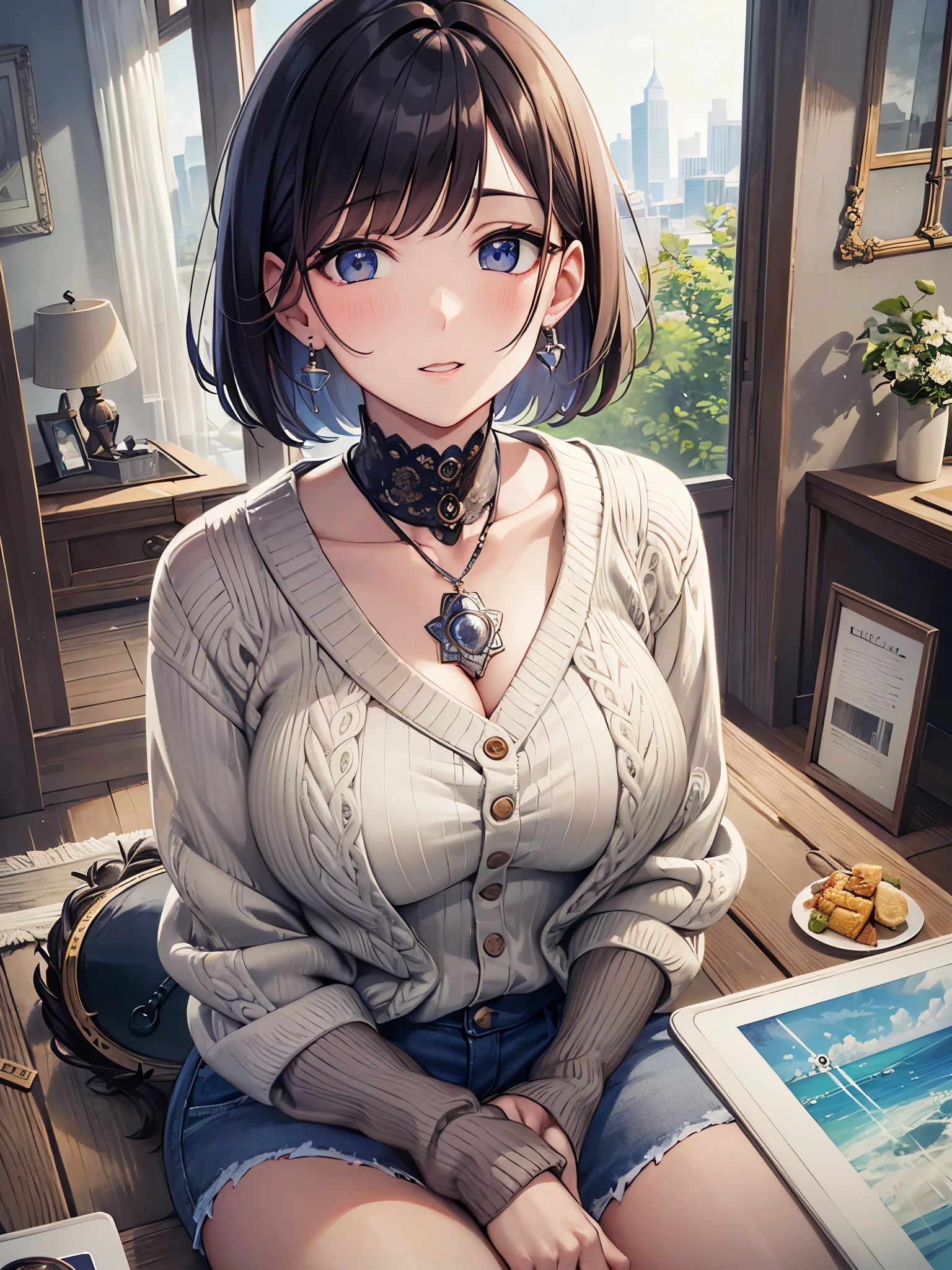 ((highest quality)),(ultra high resolution),(Super detailed),(detailed description),((best CG)),(best work of art),super precision art,amazing drawing art,(Art with precise details:1.5), (woman:1.6),(beautiful and well-shaped face:1.7),(A detailed blouse:1.5),(cardigan:1.6),,(short bob:1.6),(natural makeup:1.6),earrings:1.3,happiness,soft,peace, breeze