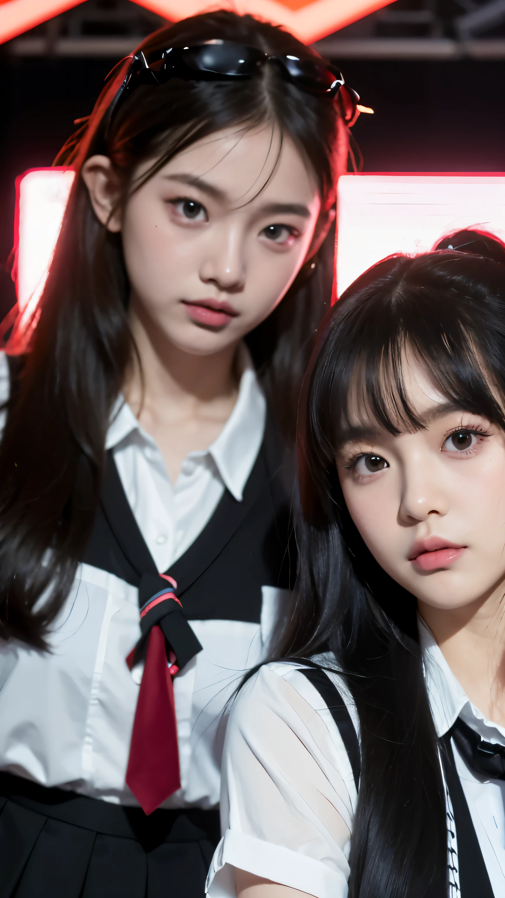 Close-up of two girls in school uniforms on stage, Larissa Manoban of Blackpink, Larissa Manobar, trending on CGstation, trending at CGstation, Moscow, DLC, bbw sauce, trending on bbw sauce, CGCOSIETY, twice, CGstation, yanjun chengt, Kodev,reveal more context