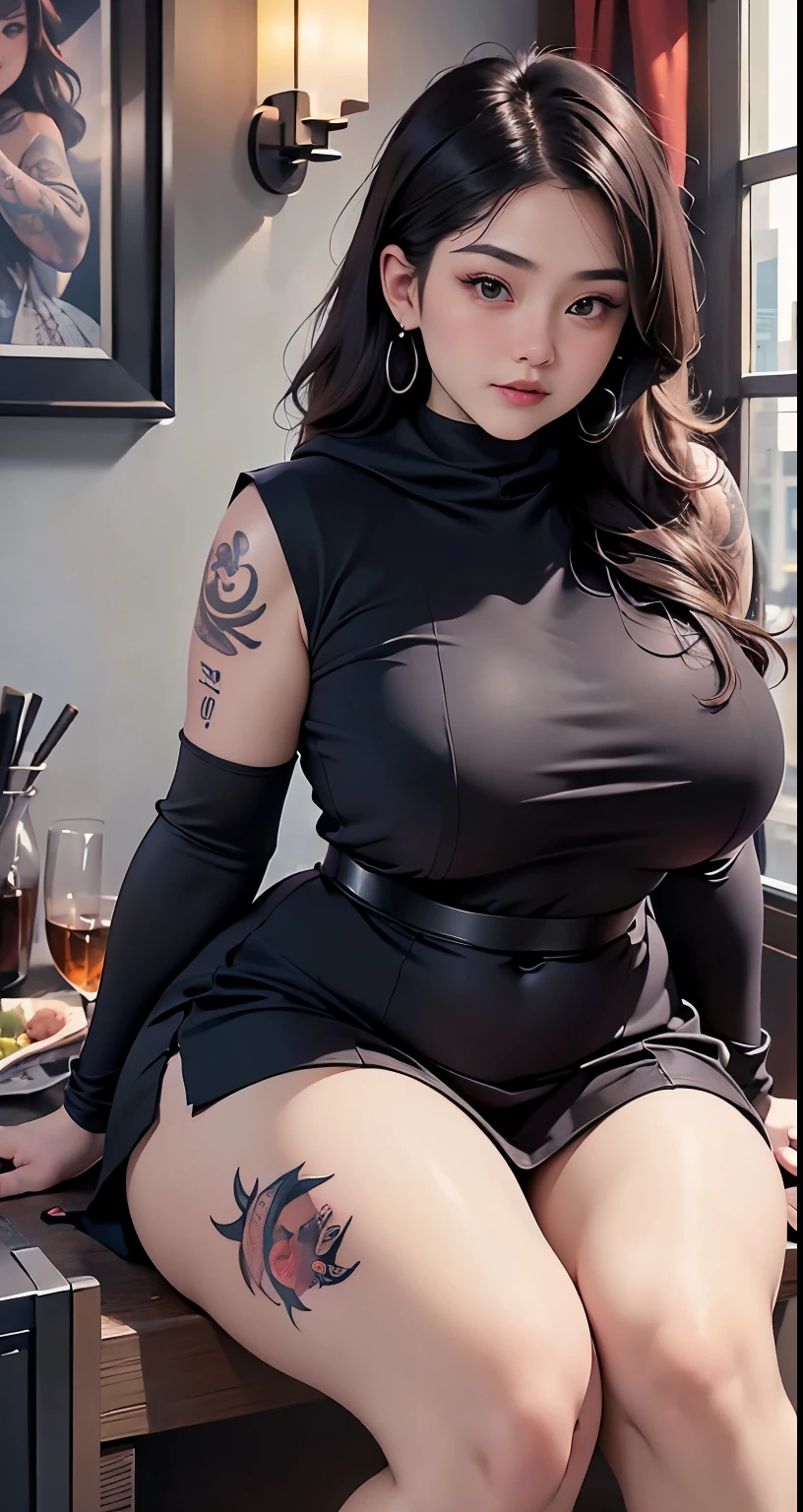 there is a woman sitting down with a longest brown hair, bbwchan, thicc, brown hijab outfit, brown hairstyle model, korean girl, korean woman, wearing brown robe, full length shot, alluring plus sized model, japanese goddess, clothed in hooded, voluptuous and arousing, portrait shot, curvy model, voluptuous body, wonderful, nene tanaka body , bbwchan, The overall atmosphere is smooth , haunting illustrations, extremely high-resolution details, photographic, realism pushed to extreme, fine texture, 4k, ultra-detailed, high quality, high contrast, red sneakers , cold atmosphere ,, cold atmosphere ,, ((Detailed texture of tattooed skin)), tattoo round breasts, irezumi tattoo style, tattoo on breasts, tttattoo, showing her thigh , tattoo on thigh, a close up of a woman with tattoos on her body, inked, tattooed body, fully tattooed body, tattooed, full-body tattoos, full - body tattoos, , full body tattoo, with tattoos, , tattoos, tattoos all over the skin, tattoos and piercings, ((Neka: 0.45)) LoRA, {{Big brother&#39;s tattooed woman Iremuzi tattoo style v1.0: 0.91}},, ((BohoAI v1.0 : 0.45))