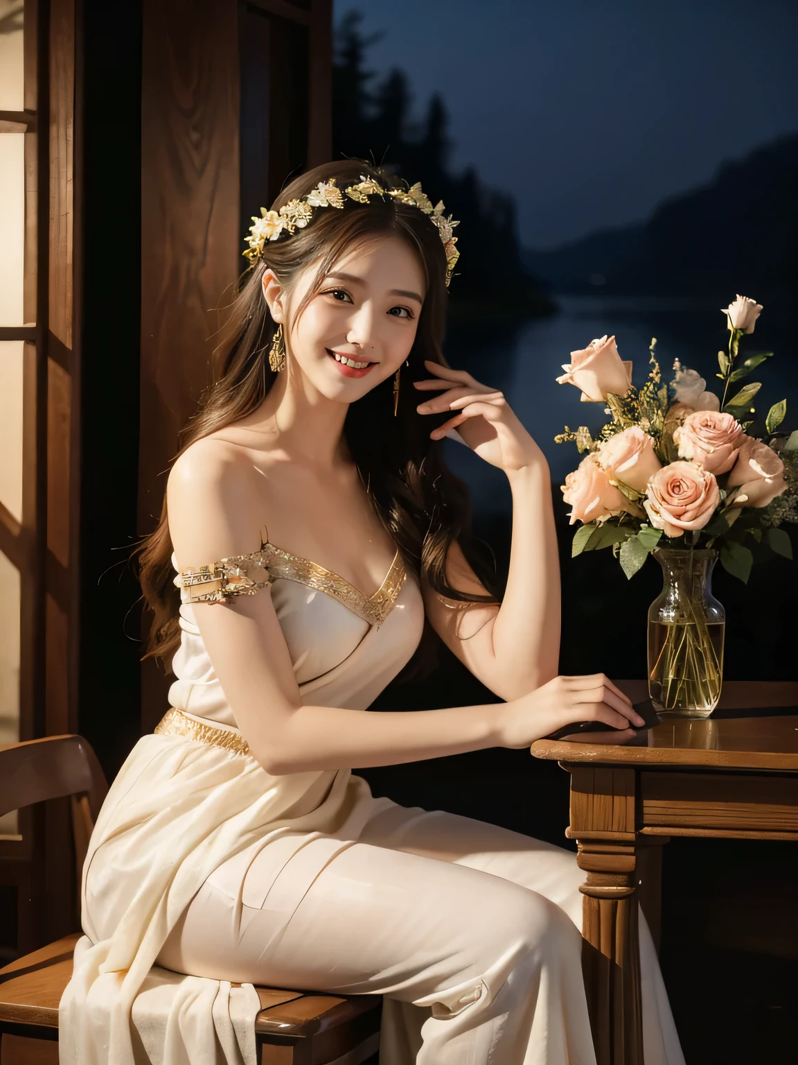 Giorgione painting style,Arguments of two female P、roses in vase、fruits、Cute trinkets、smile、ancient greek costume、Background is a forest lake at night 、Clothes that stretch your shoulders、A big smile、beautiful bare skin,Woman singing with sheet music