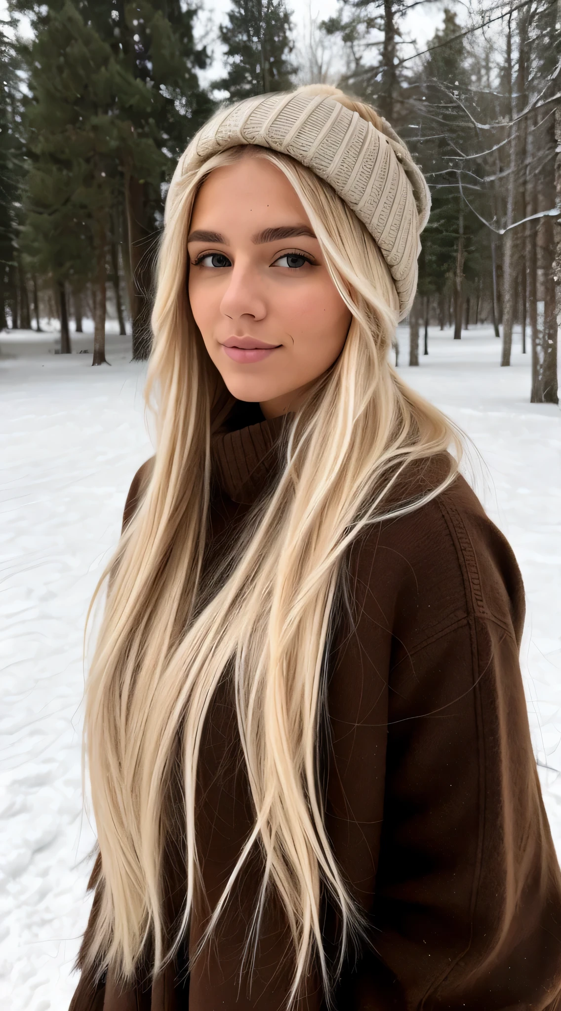 A 23-year-old blonde woman, ((pechos grandes)), ((hiperrealismo)) ,. blonde hair with light brown roots. cabello rubio, Hair with brown roots, cabello extra largo, cabello muy largo, really long hair, Beautiful,winter,snow,in a cold place