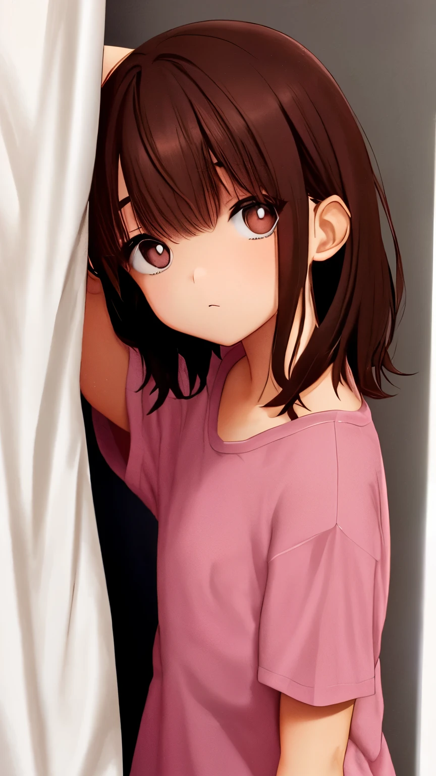 garoto 1, sentado em uma cama, usando camisa oversized, medium brown hair, olhos castanhos, age pink bedroom scenery, soft lighting