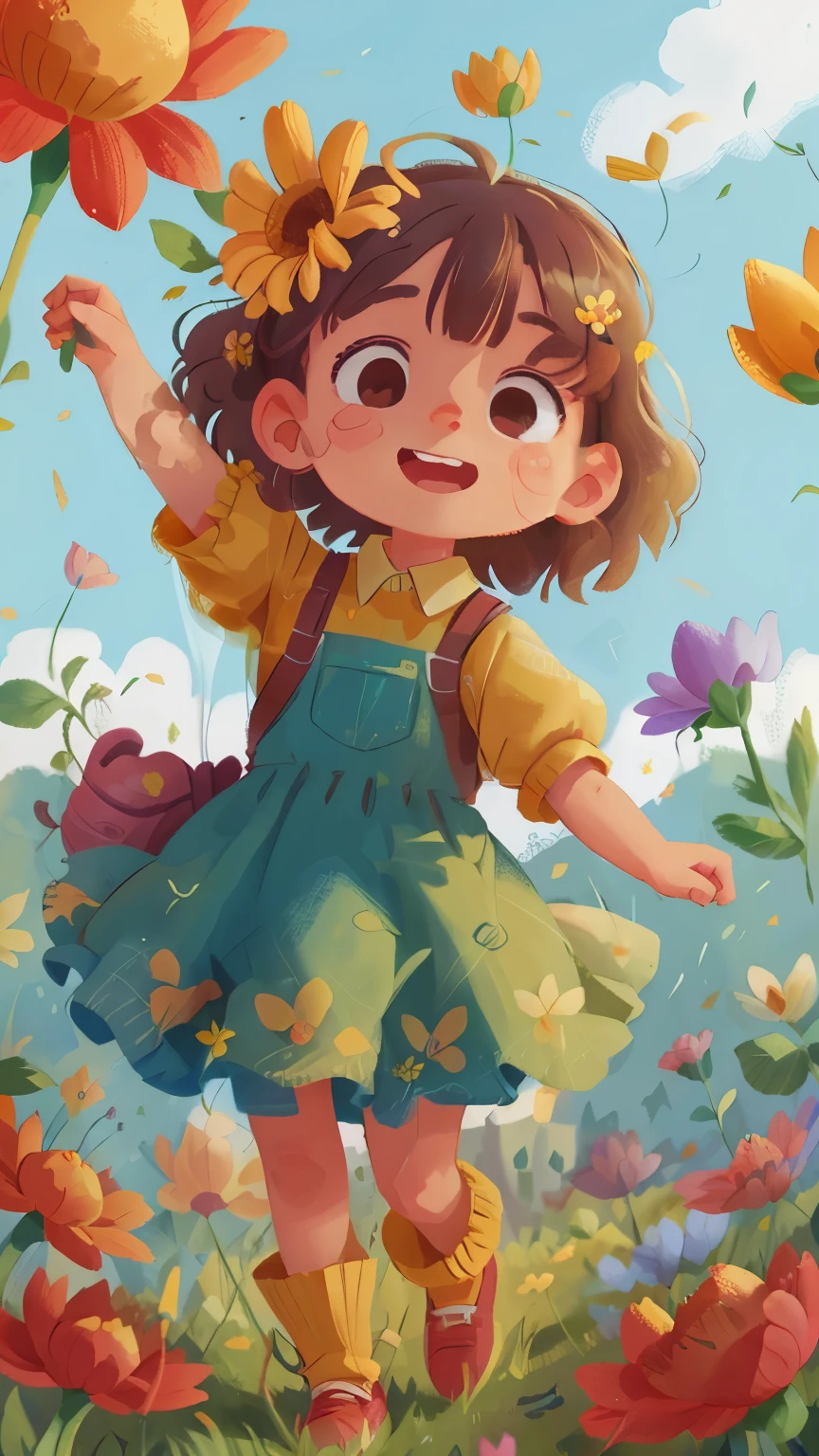 A girl holding flowers, colorful balloons floating in the sky, meadow, dancing, holding flowers, happy, happy, perfect quality, clear focus (clutter-home: 0.8), (masterpiece: 1.2) (Realistic: 1.2) (Bokeh) (Best quality) (Detailed skin: 1.3) (Intricate details) (8K) (Detail Eyes) (Sharp Focus), (Happy)