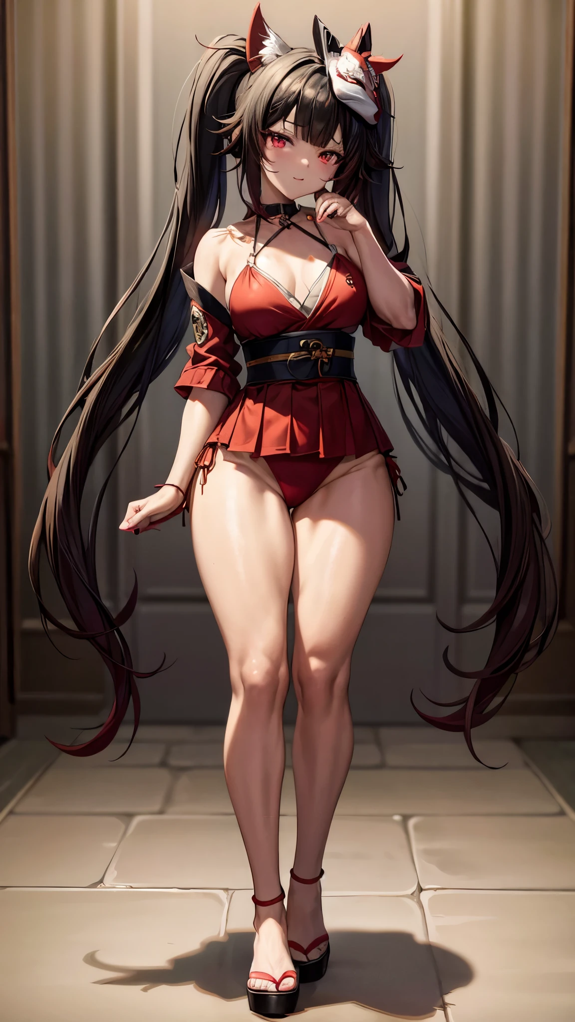 Face: Art style, Anime style color: Predominantly red with black and white contrasts, Eye color: bright crimson red, with luminous reflections. Hair color Black with red highlights, Hairstyle: Long with twintails, adorned with the traditional red and gold hair ornament, crazy expression, (((kitsune mask))), muscular legs, long legs, in the motel room, ( ((full body shot))), manicured nails, red nails, (((wearing a cute sexy short bikini))) , NSFW, hdr, {Standing}, (((full body view)))
