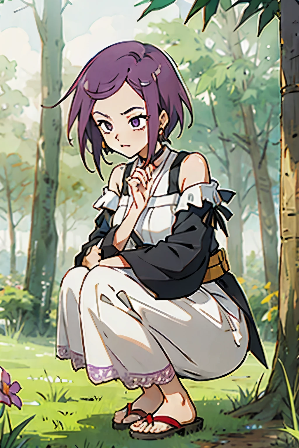 kisho, jigokuraku, 1 girl, purple hair, hair ribbon, Showa town, squatting, sandals, sunshine, belt, choker, wind blowing dress, lace dress, earrings, off-shoulder sleeves