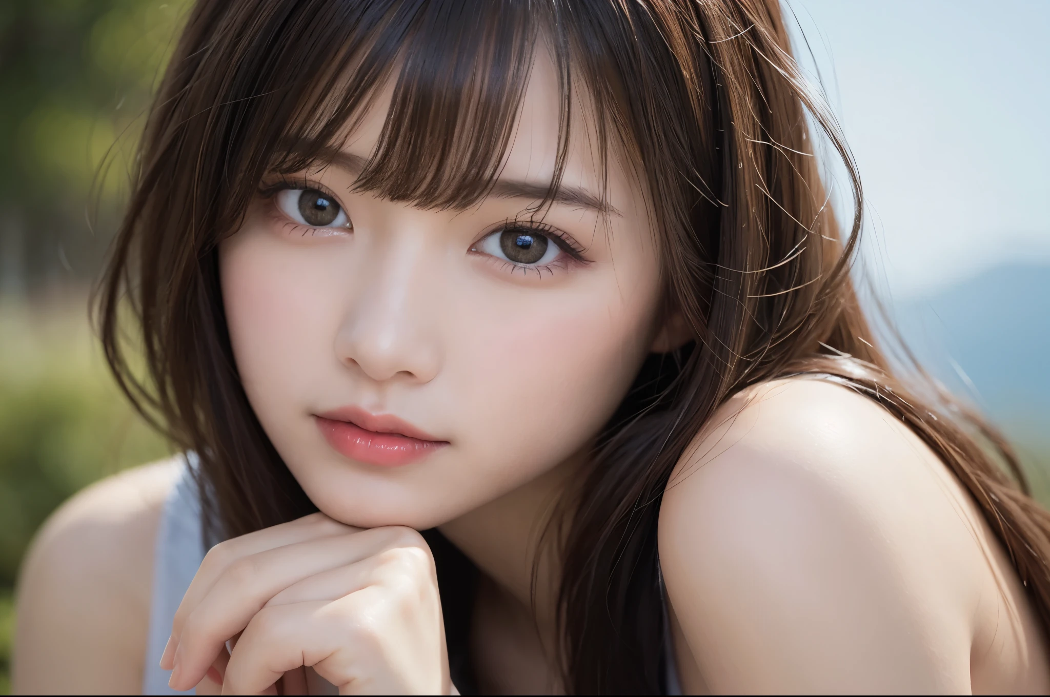 finely detail, hight resolution, high quality、Perfect dynamic composition, Beautiful detailed eyes, Medium Hair, 、Natural Color Lip,Kamimei、Shibuya、20 years girl、1 persons、Transparent skin、Glowing hair、masterpiece, Best Quality, Illustration, Ultra-detailed, finely detail, hight resolution, 8K、The correct state of the human body、crouching down、Gravure Model Pose,Hair soaring in the wind