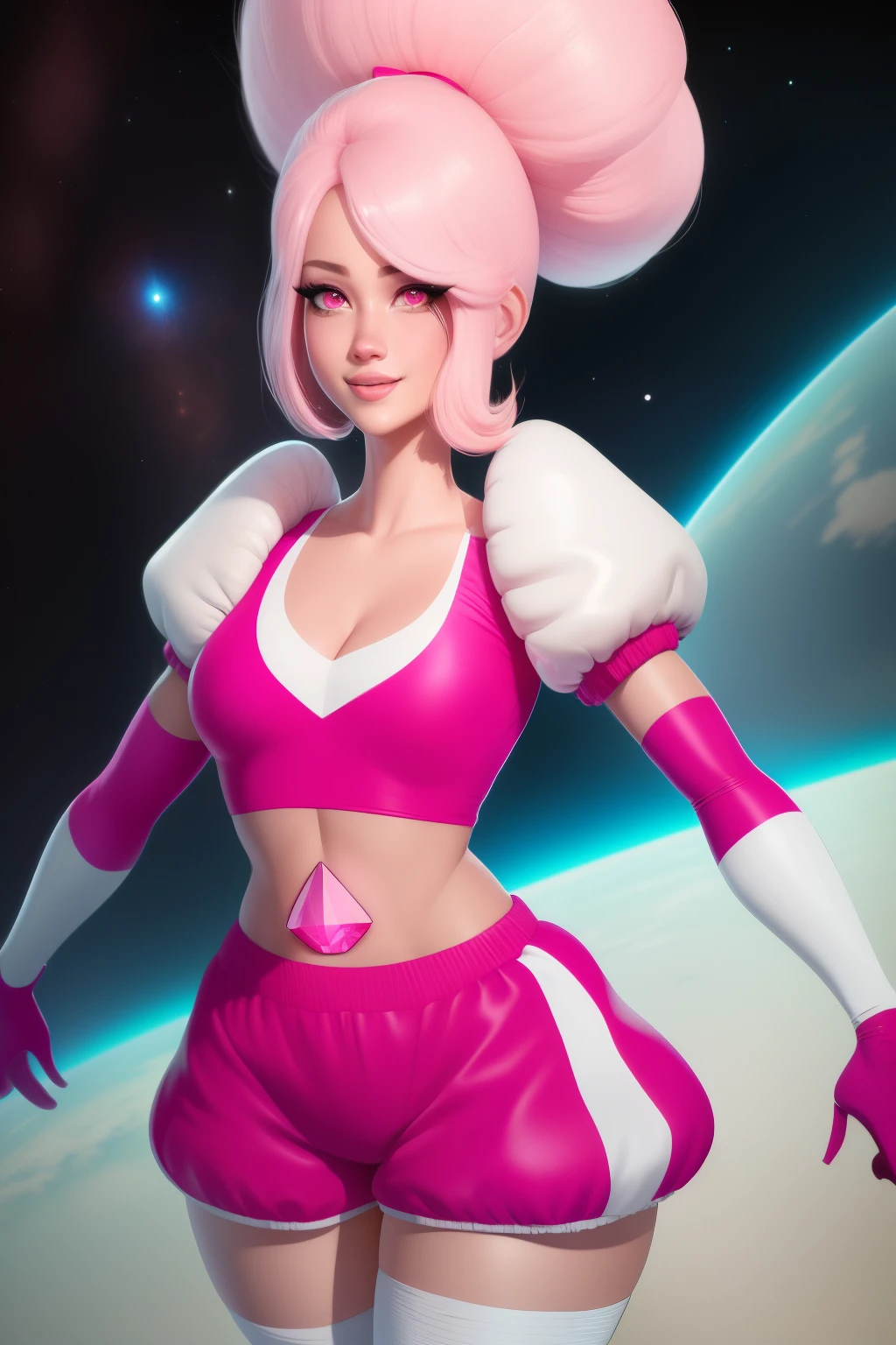 pnkdamond, pink hair, pink eyes, big hair, stomach gem, pink skin, toned,
puffy short sleeves, elbow gloves , white thighhighs, puffy dress,
standing, upper body,
outerspace,
(insanely detailed, beautiful detailed face,beautiful detailed eyes, masterpiece, best quality) cinematic lighting, smile,