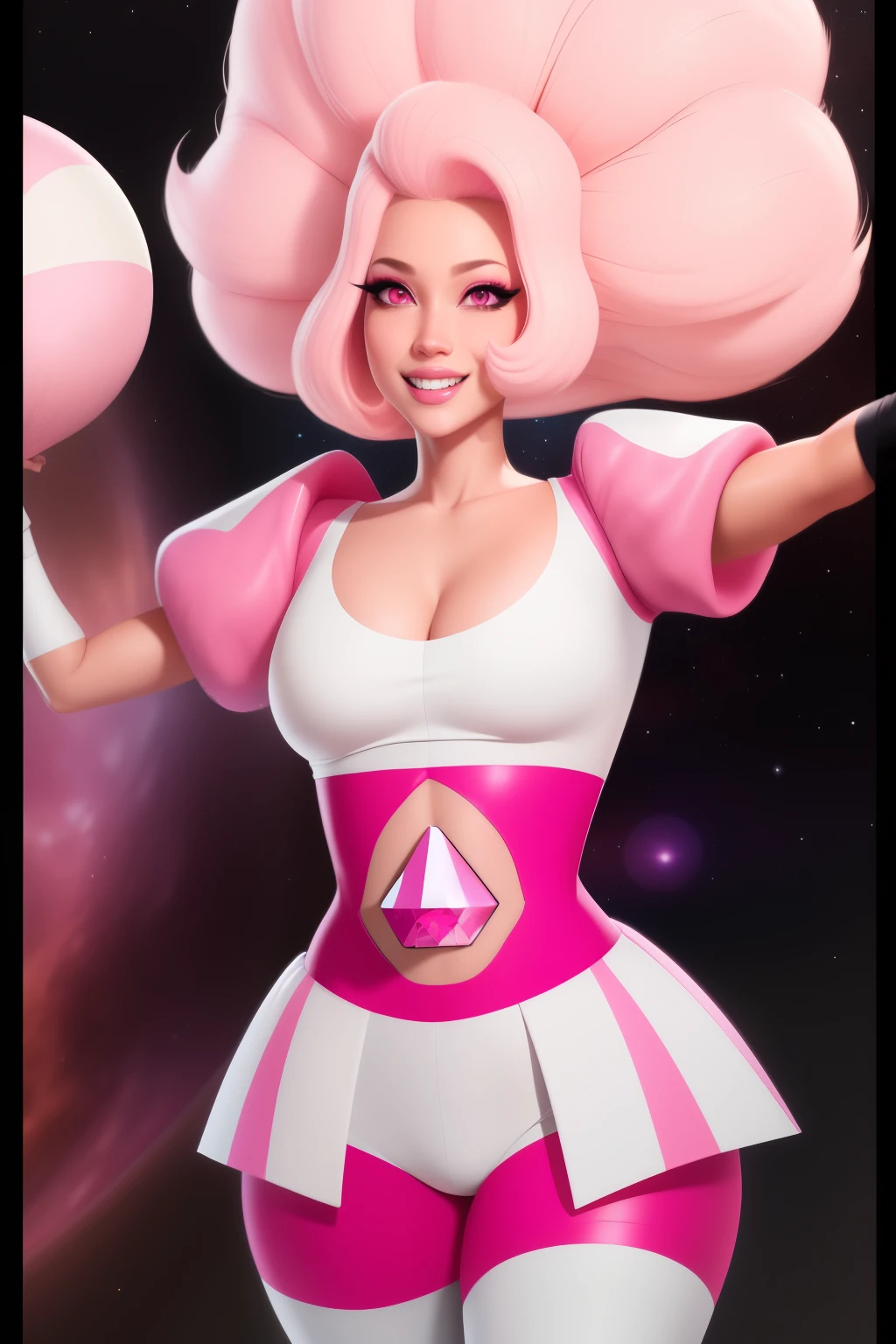 pnkdamond, pink hair, pink eyes, big hair, stomach gem, pink skin, toned,
puffy short sleeves, elbow gloves , white thighhighs, puffy dress,
standing, upper body,
outerspace,
(insanely detailed, beautiful detailed face,beautiful detailed eyes, masterpiece, best quality) cinematic lighting, smile,