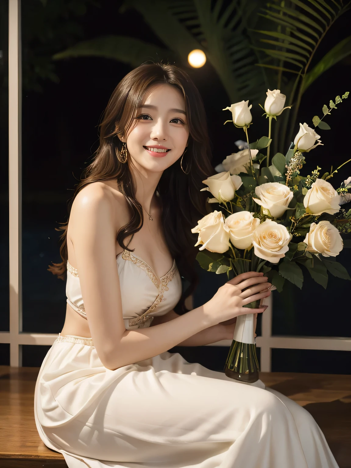 Female singer holding sheet music in both hands,Giorgione painting style,roses in vase、fruits、Cute trinkets、smile、ancient greek costume、Background is a forest lake at night 、Clothes that stretch your shoulders、A big smile、beautiful bare skin,moonlight